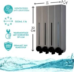 Aquathof, Zeepdispenser, RVS Kleur, 4 Kamer, 4 Reservoirs, 4x500ml, Hangend - Wandmontage -Merkloos Verkoop 1200x1163