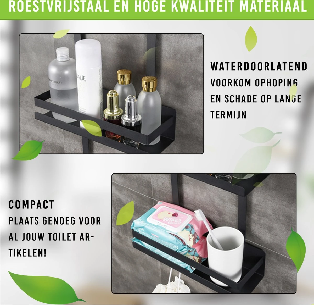 Doucherek Zonder Boren Inclusief Douchewisser - Aan Douchewand - Zwart - Ophangbaar - Zuignap - 2 Laags - Wiper - Shower Rack - Valentijnsdag Cadeau 6 Doucherek Zonder Boren Inclusief Douchewisser - Aan Douchewand - Zwart - Ophangbaar - Zuignap - 2 Laags - Wiper - Shower Rack - Valentijnsdag Cadeau - Afbeelding 6