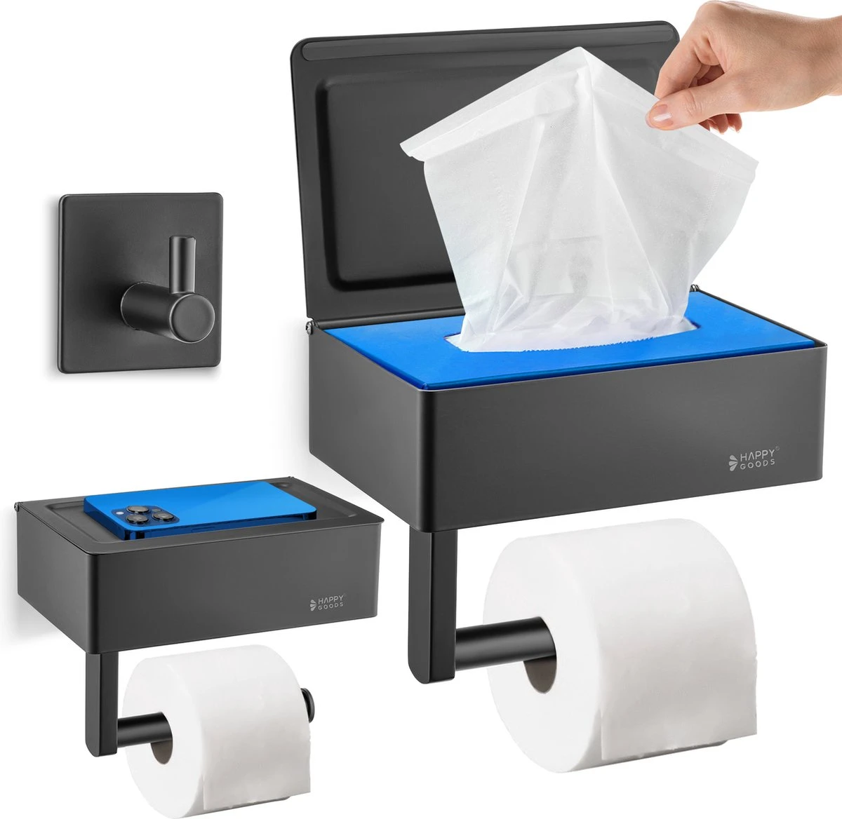 Happy Goods - WC Rolhouder Zonder Boren Zwart - Toiletrolhouder Met Plankje En Bakje RVS - Met Handdoekhaakje 1 Happy Goods - WC Rolhouder Zonder Boren Zwart - Toiletrolhouder Met Plankje En Bakje RVS - Met Handdoekhaakje