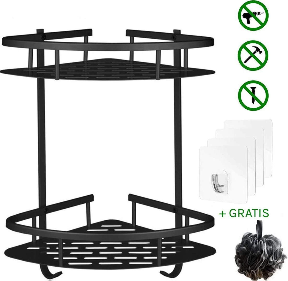 Zelfklevend Doucherek 2 Laags +Douche Bal - RVS - Mat Zwart 1 Zelfklevend Doucherek 2 Laags +Douche Bal - RVS - Mat Zwart