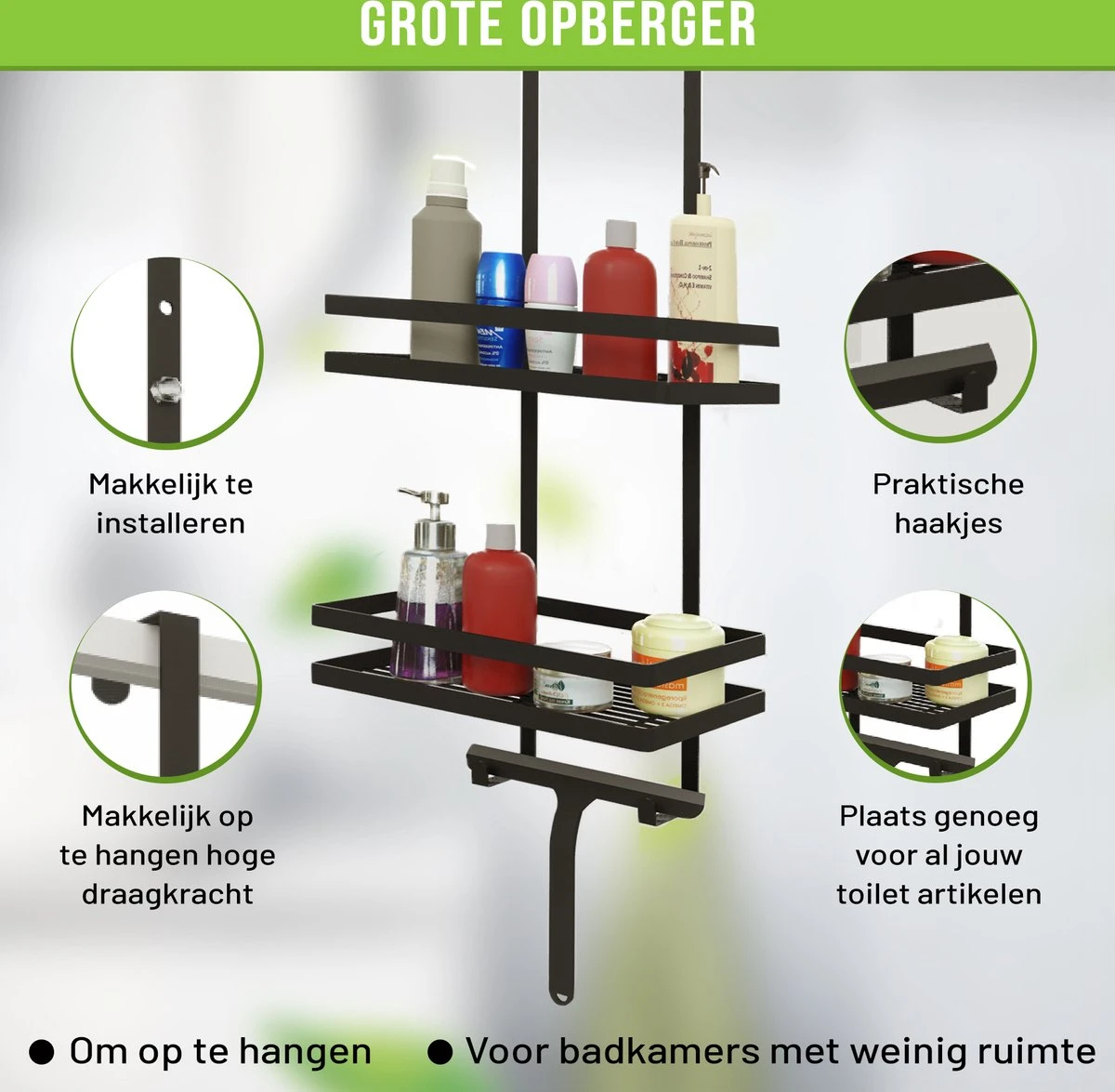 Doucherek Zonder Boren Inclusief Douchewisser - Aan Douchewand - Zwart - Ophangbaar - Zuignap - 2 Laags - Wiper - Shower Rack - Valentijnsdag Cadeau 8 Doucherek Zonder Boren Inclusief Douchewisser - Aan Douchewand - Zwart - Ophangbaar - Zuignap - 2 Laags - Wiper - Shower Rack - Valentijnsdag Cadeau - Afbeelding 8