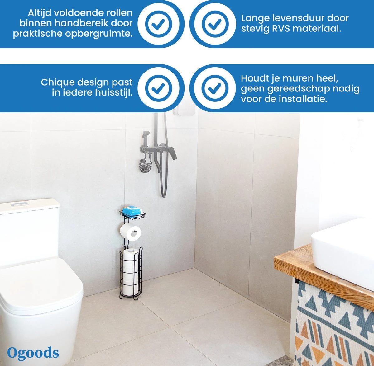 Ogoods Praktische WC Rolhouder – RVS Toiletrolhouder Staand – Rolhouder – Zonder Boren - Toiletrolstandaard - Zwart 5 Ogoods Praktische WC Rolhouder – RVS Toiletrolhouder Staand – Rolhouder – Zonder Boren - Toiletrolstandaard - Zwart - Afbeelding 5