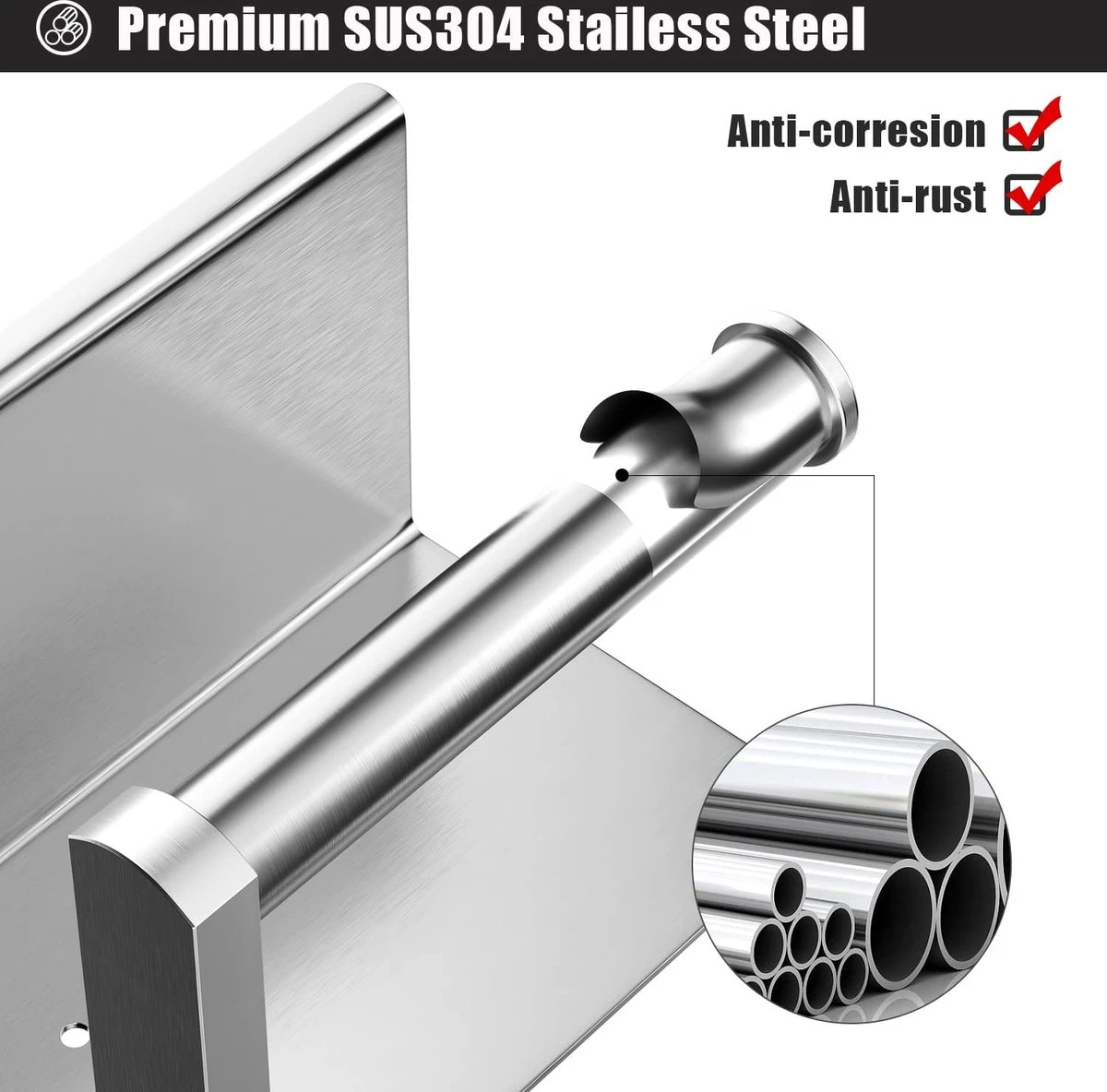 BOTC Toiletrolhouder Met Handdoekhaakjes - Toiletrolhouder - Toiletrolhouder - Zelfklevend / Boren / Zonder Boren - RVS - Zliver 4 BOTC Toiletrolhouder Met Handdoekhaakjes - Toiletrolhouder - Toiletrolhouder - Zelfklevend / Boren / Zonder Boren - RVS - Zliver - Afbeelding 4