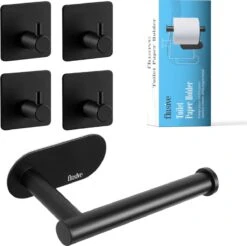 Flusive Toiletrolhouder Met 4 Handdoekhaakjes - Wc Rolhouder - Zelfklevend Zonder Boren - RVS - Zwart