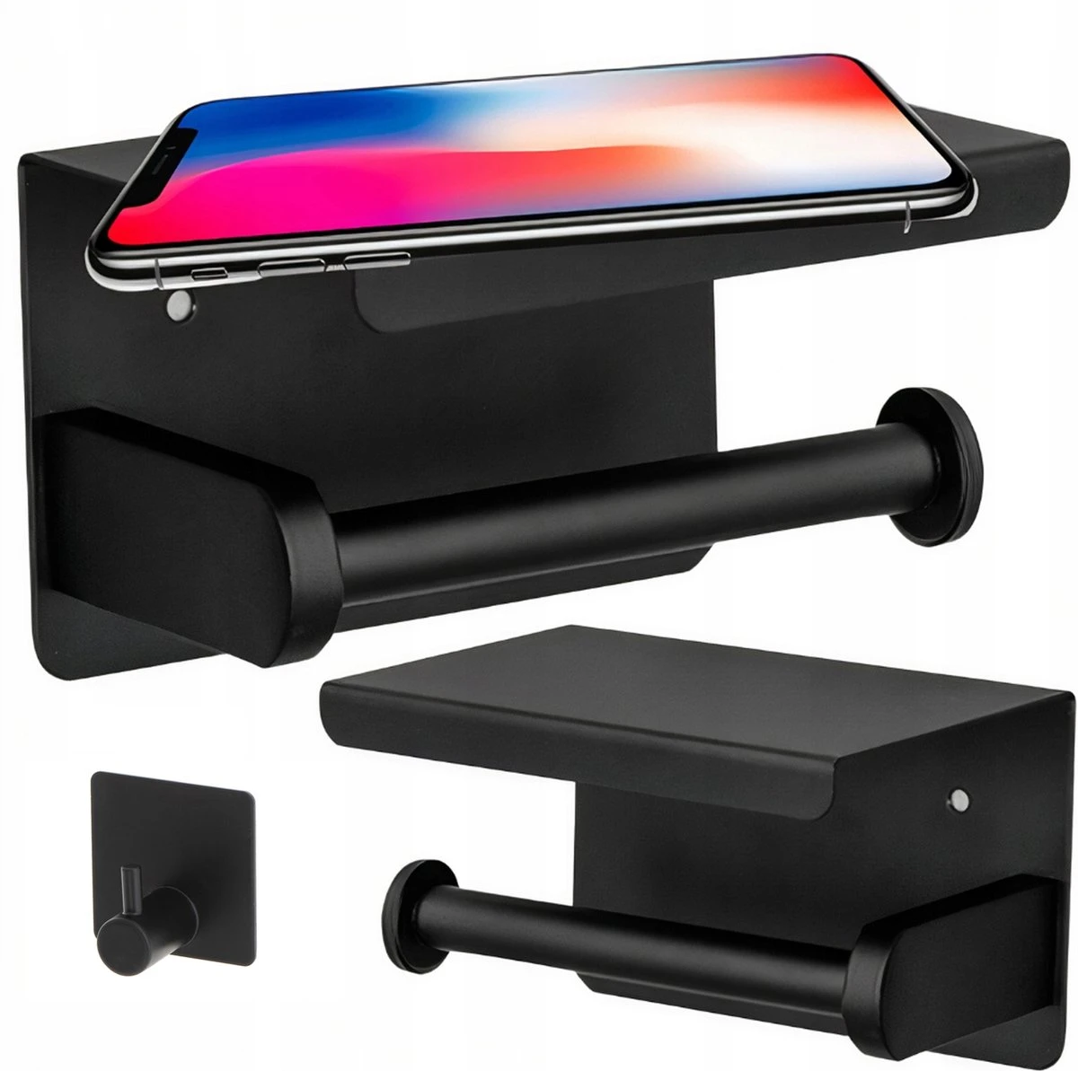 Toiletrolhouder - Wc Rol Houder Met Plankje - Inclusief Haakje - RVS - Waterbestendig - Zwart - Rheme 1 Toiletrolhouder - Wc Rol Houder Met Plankje - Inclusief Haakje - RVS - Waterbestendig - Zwart - Rheme