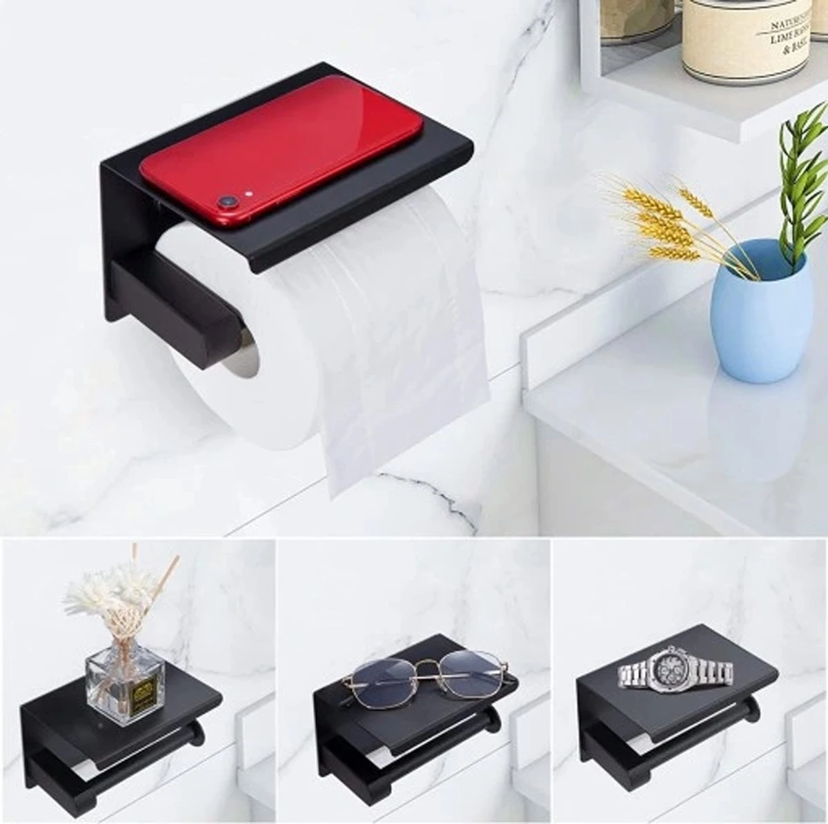 Toiletrolhouder - Wc Rol Houder Met Plankje - Inclusief Haakje - RVS - Waterbestendig - Zwart - Rheme 3 Toiletrolhouder - Wc Rol Houder Met Plankje - Inclusief Haakje - RVS - Waterbestendig - Zwart - Rheme - Afbeelding 3