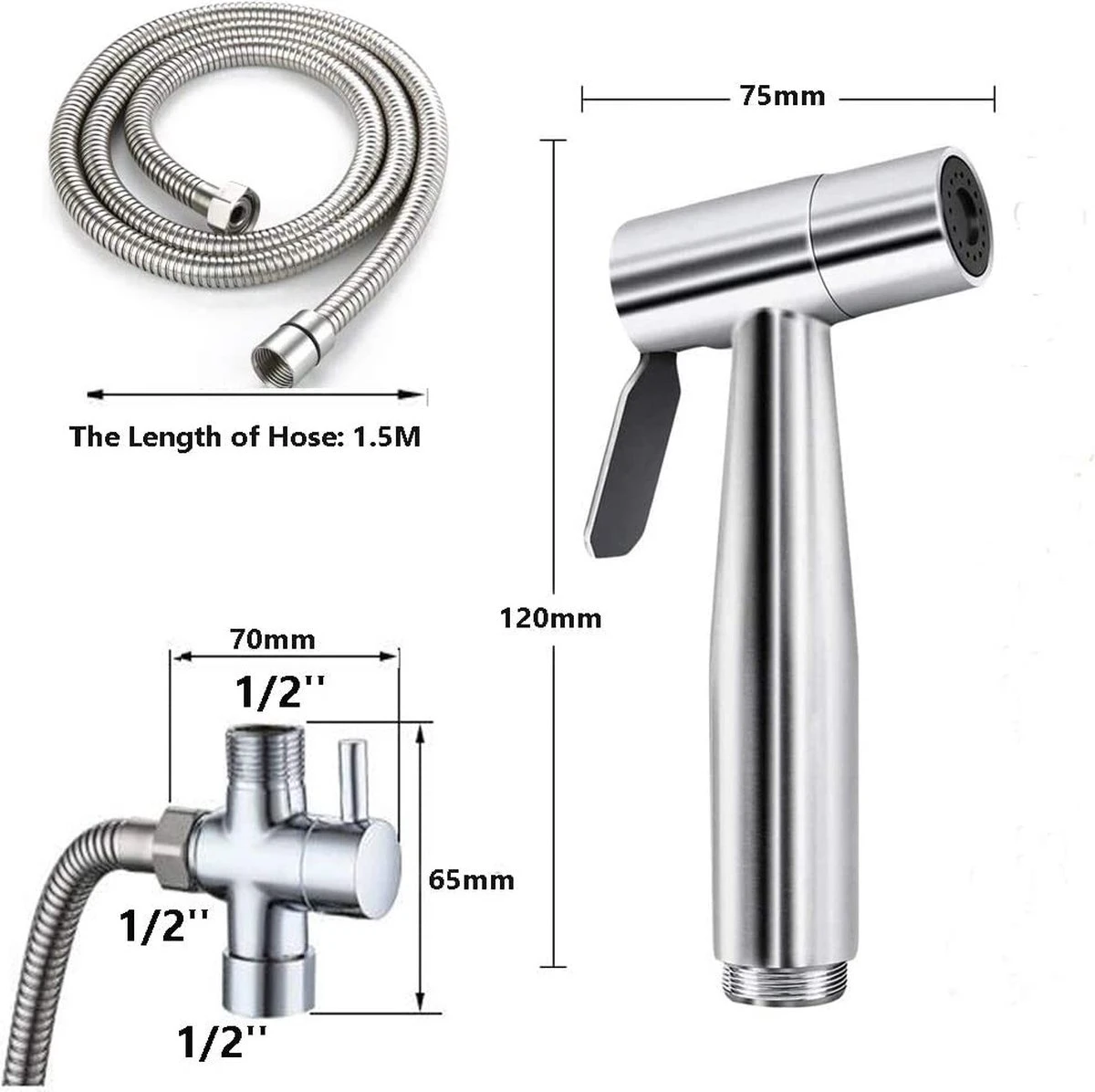 Merkloos Bidet Handdoucheset Uit Geborsteld RVS - Shattaf - Met Slang, T-stuk & Wandhouder 2 Merkloos Bidet Handdoucheset Uit Geborsteld RVS - Shattaf - Met Slang, T-stuk & Wandhouder - Afbeelding 2