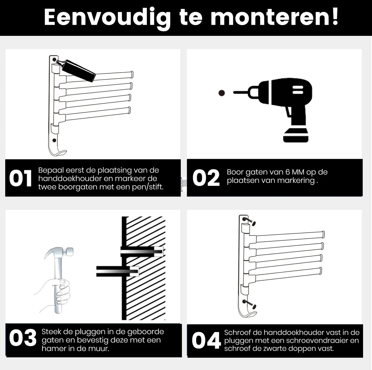 Tolussa Handdoekrek Badkamer Zwart - 38 CM - Handdoekhouder Zwart - Handdoekenrek Badkamer - Draaibaar 14 Tolussa Handdoekrek Badkamer Zwart - 38 CM - Handdoekhouder Zwart - Handdoekenrek Badkamer - Draaibaar - Afbeelding 14