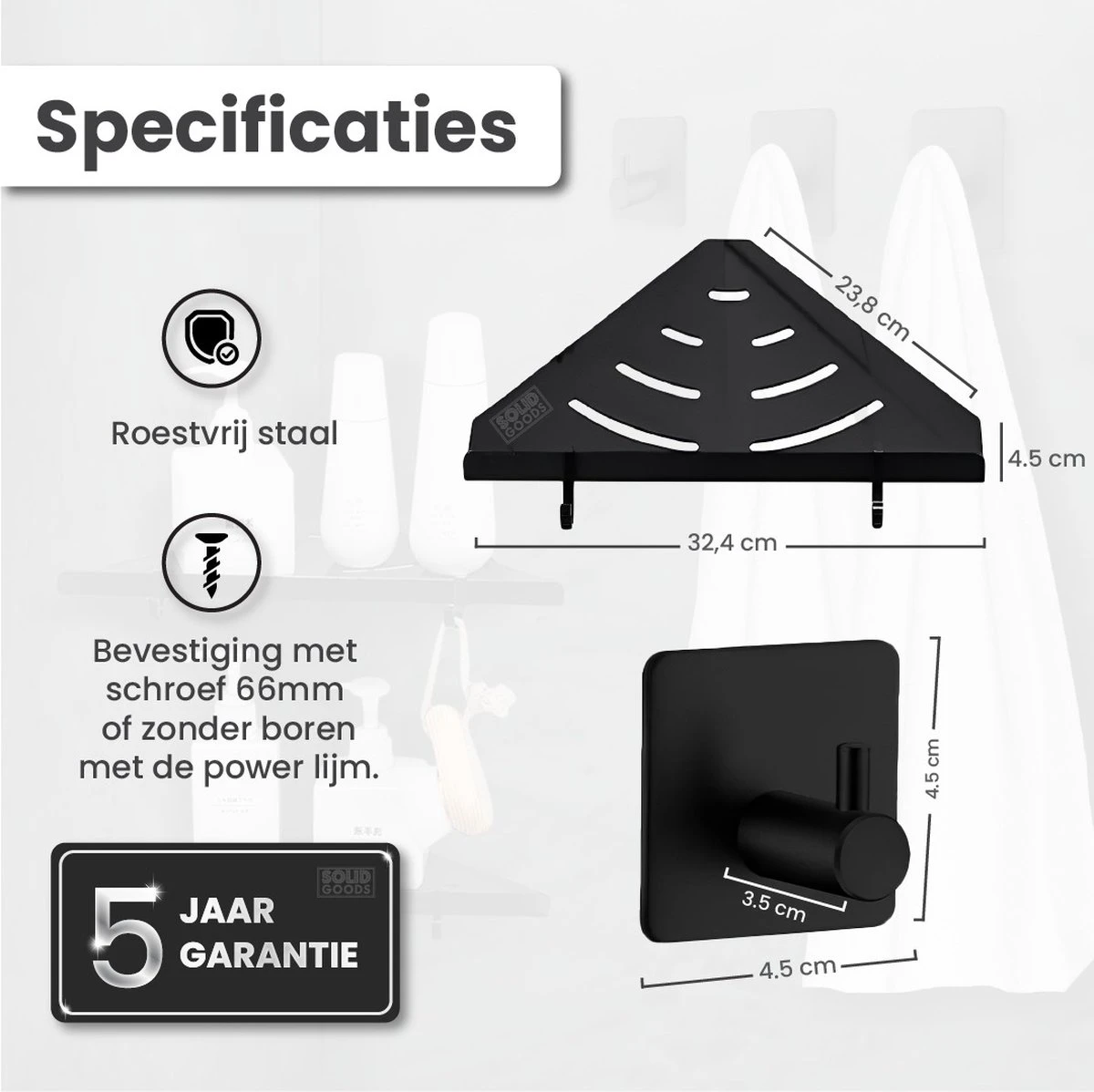 Dubbele Doucherek Zwart Zonder Boren – Sterke Lijmbasis - Badkamer Rek – Hoek – Doucherekjes – Incl. Schroeven – Incl. 2 Haken 9 Dubbele Doucherek Zwart Zonder Boren – Sterke Lijmbasis - Badkamer Rek – Hoek – Doucherekjes – Incl. Schroeven – Incl. 2 Haken - Afbeelding 9