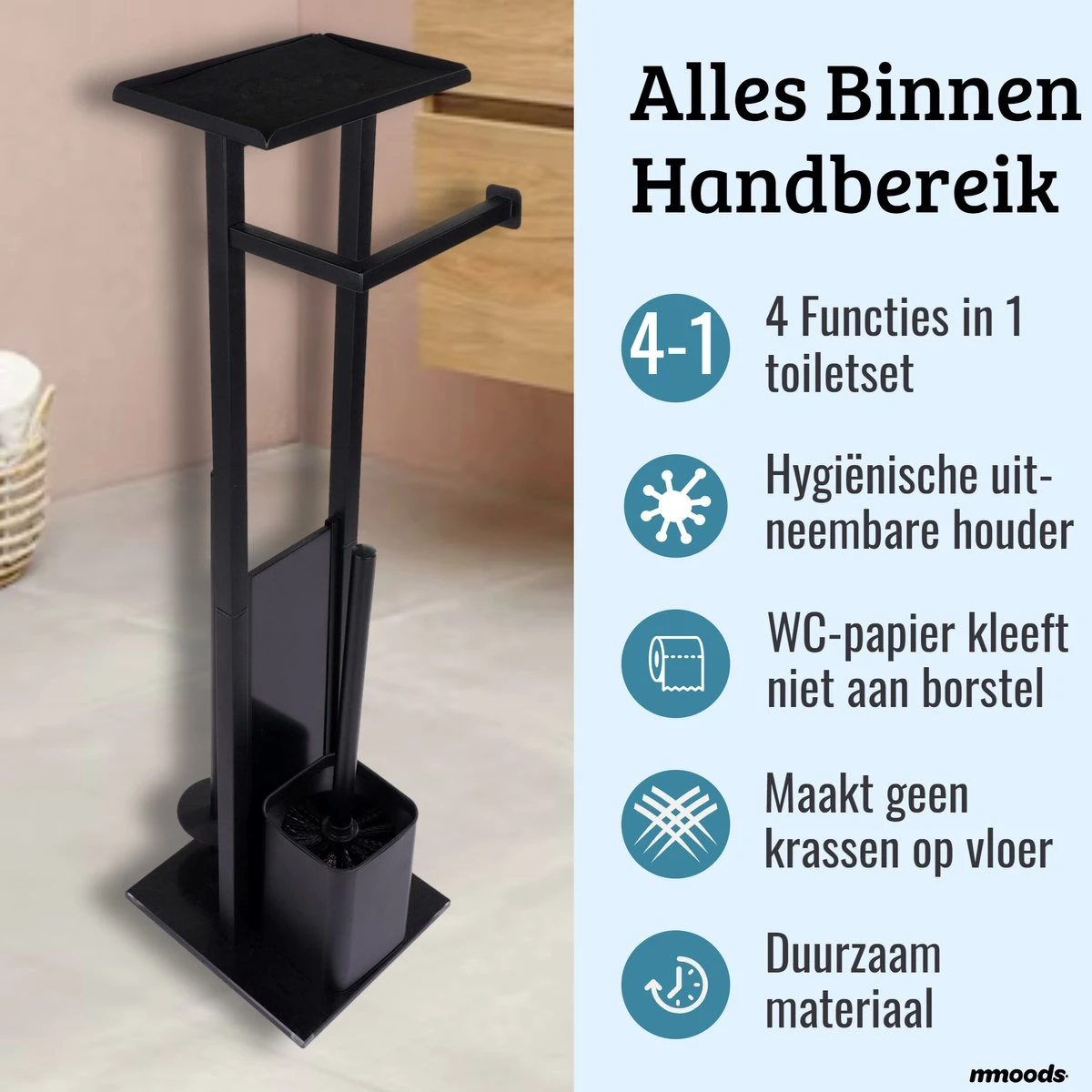 Mmoods Toiletbutler Zwart - WC Borstel Met Toiletrolhouder Vrijstaand - Toiletborstel Siliconen Industrieel Design Mmoods - Reserverolhouder Zonder Boren Staand Met Plankje RVS 2 Mmoods Toiletbutler Zwart - WC Borstel Met Toiletrolhouder Vrijstaand - Toiletborstel Siliconen Industrieel Design Mmoods - Reserverolhouder Zonder Boren Staand Met Plankje RVS - Afbeelding 2