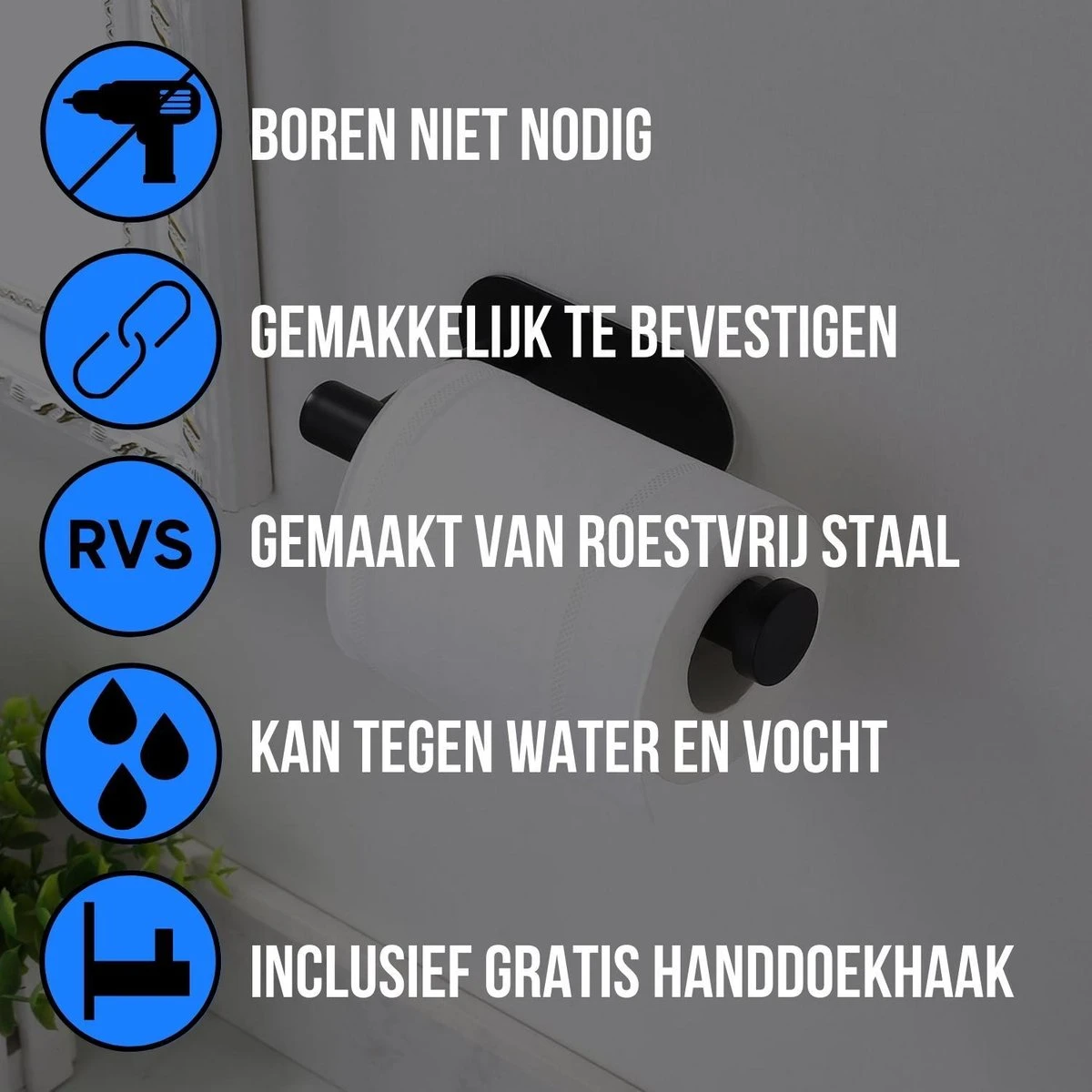 Toiletrolhouder Inclusief Handdoekhaak - Zonder Boren - Zelfklevend - Zwart - Staand 2 Toiletrolhouder Inclusief Handdoekhaak - Zonder Boren - Zelfklevend - Zwart - Staand - Afbeelding 2