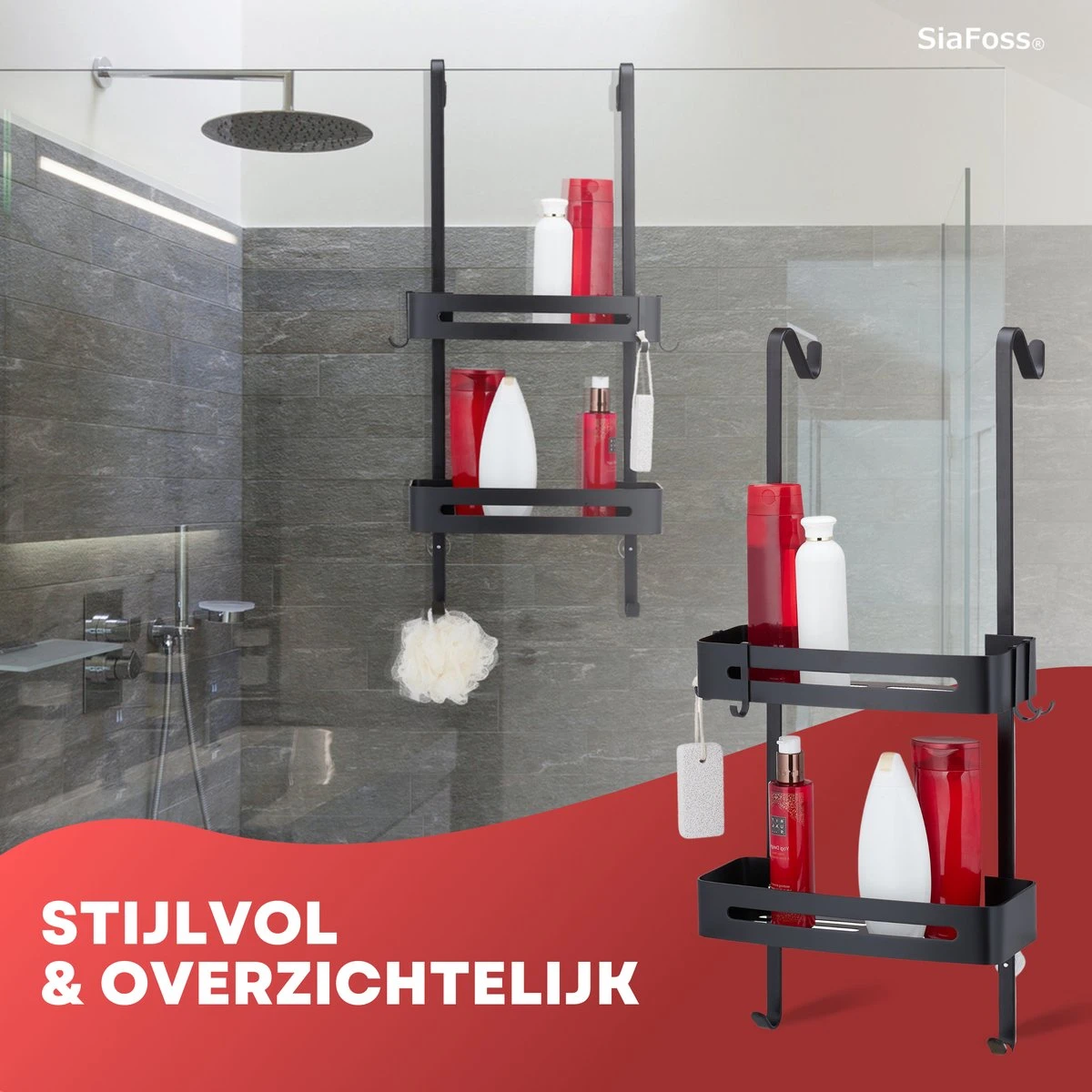 SIAFOSS Doucherek XL Zonder Boren Doucherek Hangend - 100% Stevig - 100% RVS - Hangend Badkamerrekje - Doucherek Aan Douchewand - Badkamer Accessoires - RVS Zwart - 2 Laags - Douchemand 6 SIAFOSS Doucherek XL Zonder Boren Doucherek Hangend - 100% Stevig - 100% RVS - Hangend Badkamerrekje - Doucherek Aan Douchewand - Badkamer Accessoires - RVS Zwart - 2 Laags - Douchemand - Afbeelding 6