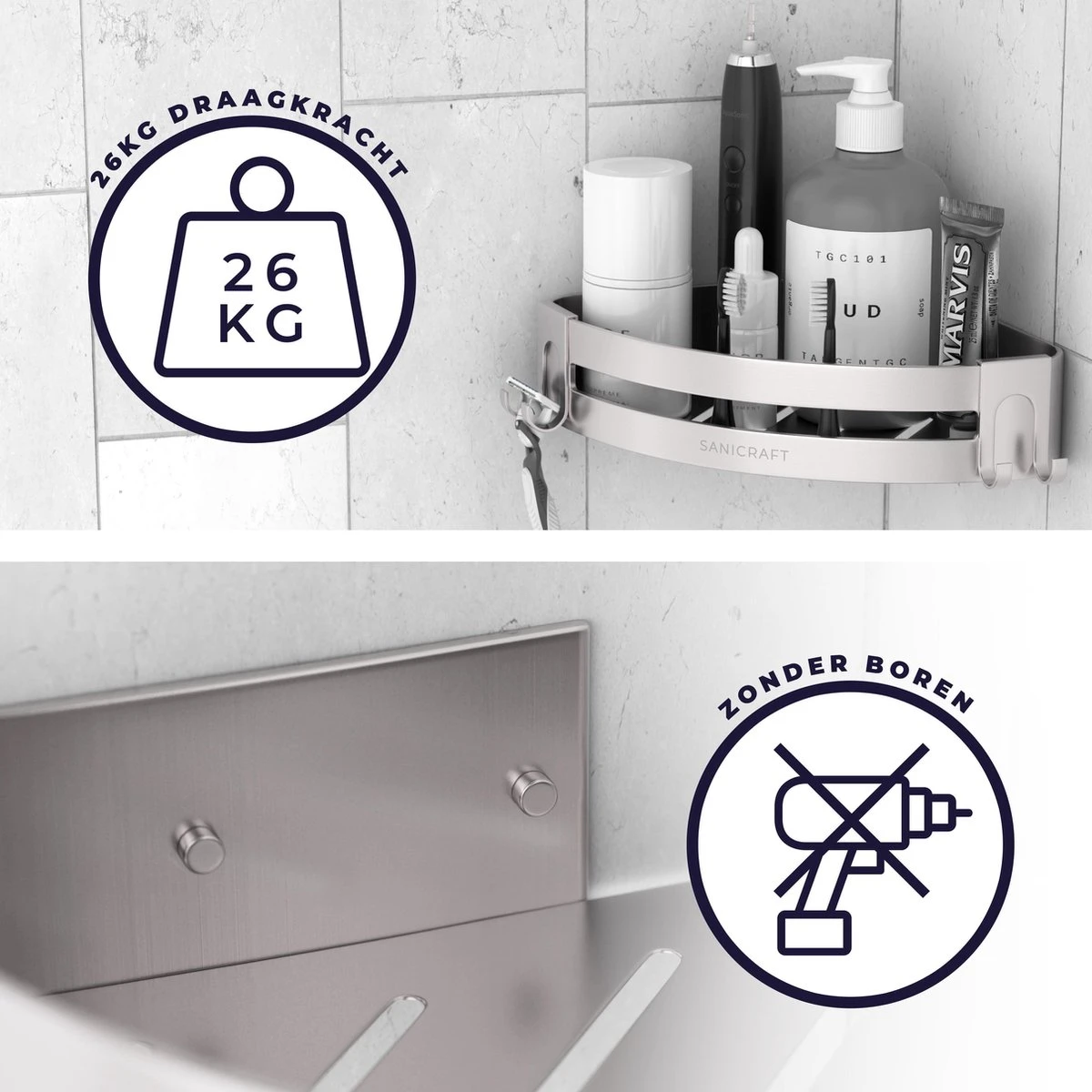 Sanicraft® Doucherekje - Doucherekje Zonder Boren - Geschikt Voor Elk Type Muur - Doucherekje Hangend - Doucheplank - Doucherekje Hoek - Doucherekje Zilver 6 Sanicraft® Doucherekje - Doucherekje Zonder Boren - Geschikt Voor Elk Type Muur - Doucherekje Hangend - Doucheplank - Doucherekje Hoek - Doucherekje Zilver - Afbeelding 6
