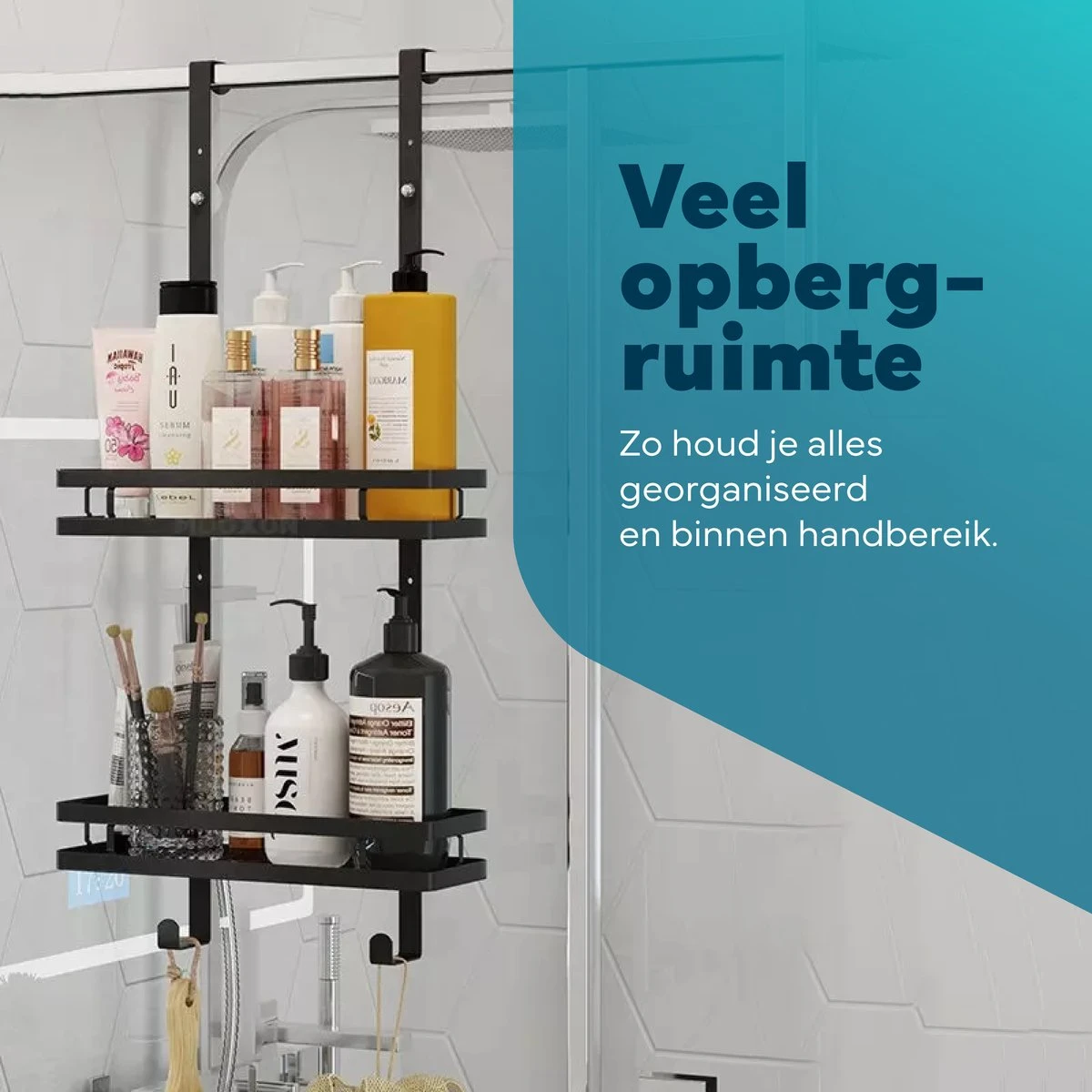 L'eauxe Doucherek Hangend Zonder Boren - Ophangbaar Badkamerrek Aan Douchewand - Opbergrek - Badkamer Accessoires - RVS - Zwart - Cadeau 10 L'eauxe Doucherek Hangend Zonder Boren - Ophangbaar Badkamerrek Aan Douchewand - Opbergrek - Badkamer Accessoires - RVS - Zwart - Cadeau - Afbeelding 10