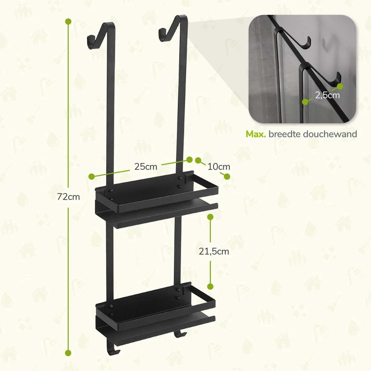 Doucherek Zonder Boren - Zwart - 2-Laags Doucherekje - Hangend Aan Douchewand 6 Doucherek Zonder Boren - Zwart - 2-Laags Doucherekje - Hangend Aan Douchewand - Afbeelding 6