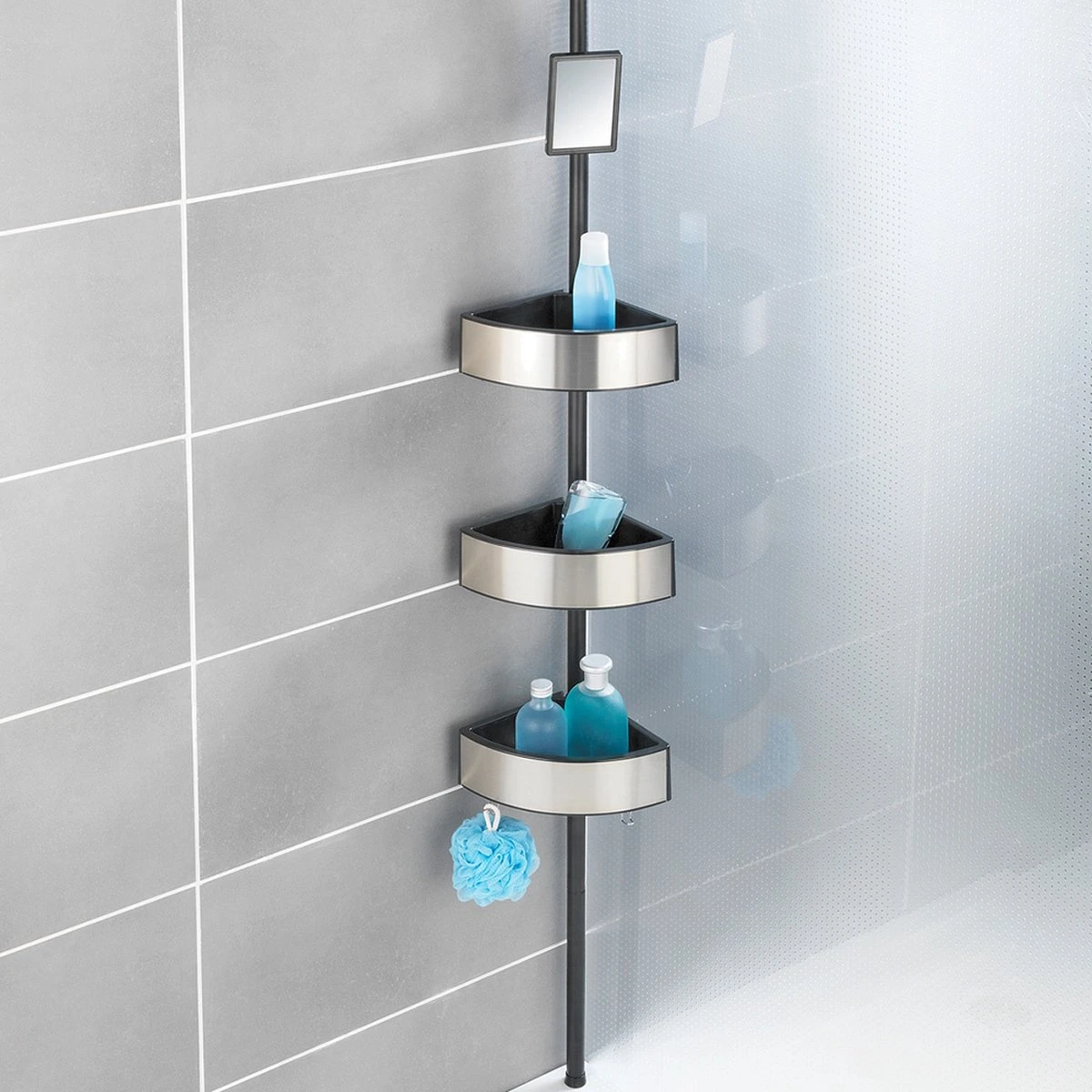 WENKO Telescopisch Doucherek Big Black 3-laags Met Spiegel Zilver/zwart - Bevestigen Zonder Boren 11 WENKO Telescopisch Doucherek Big Black 3-laags Met Spiegel Zilver/zwart - Bevestigen Zonder Boren - Afbeelding 11