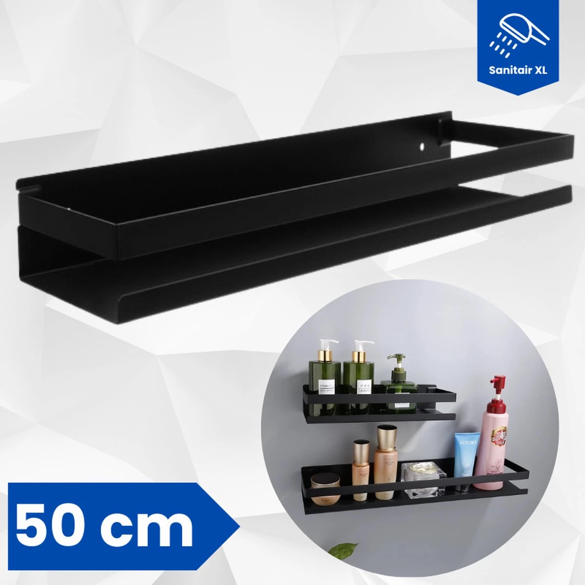 SanitairXL - Doucherek Zwart RVS - 50 Cm Breed - Badkamer Rekje - Douche Rekje - Wandrekje - Hangend Doucherek - Keuken Wandrek 1 SanitairXL - Doucherek Zwart RVS - 50 Cm Breed - Badkamer Rekje - Douche Rekje - Wandrekje - Hangend Doucherek - Keuken Wandrek