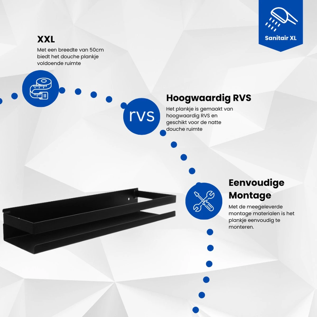 SanitairXL - Doucherek Zwart RVS - 50 Cm Breed - Badkamer Rekje - Douche Rekje - Wandrekje - Hangend Doucherek - Keuken Wandrek 3 SanitairXL - Doucherek Zwart RVS - 50 Cm Breed - Badkamer Rekje - Douche Rekje - Wandrekje - Hangend Doucherek - Keuken Wandrek - Afbeelding 3