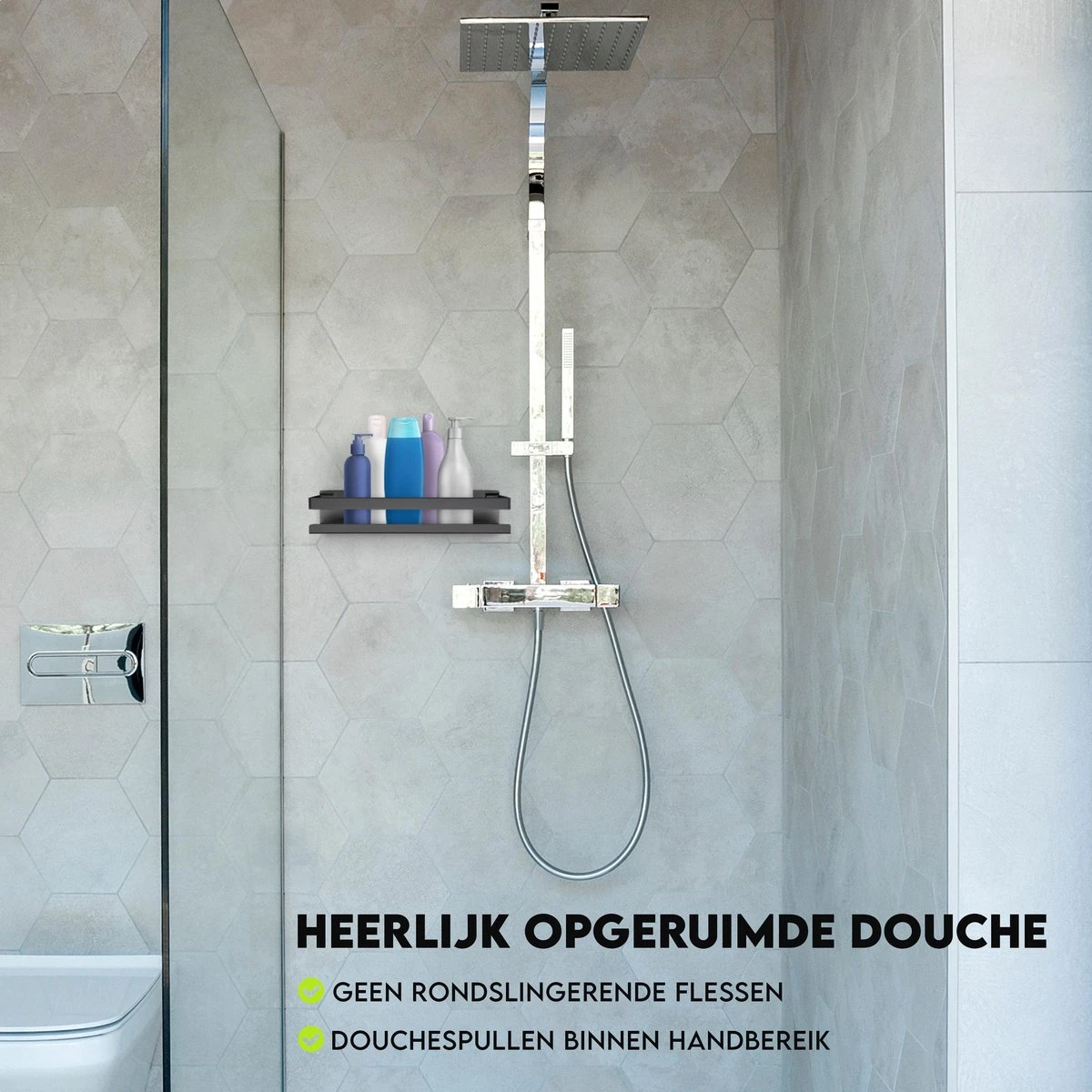 Doucherek Zwart 30 CM - Badkamer Rekje Douche - Zonder Boren - Douchemandje 2 Doucherek Zwart 30 CM - Badkamer Rekje Douche - Zonder Boren - Douchemandje - Afbeelding 2