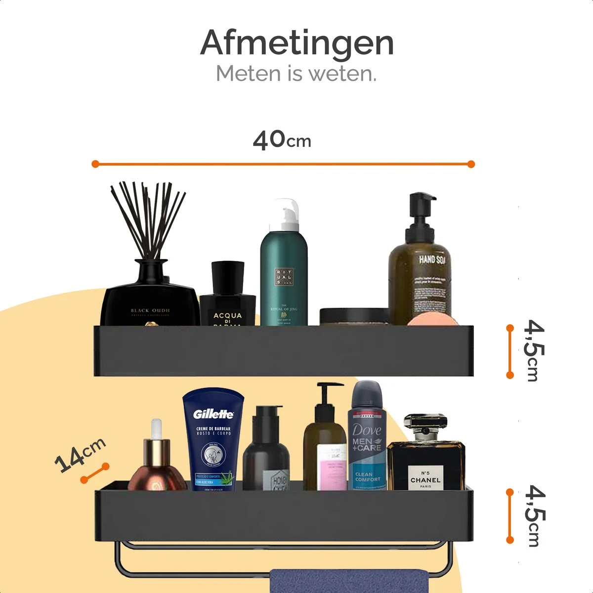 Goliving Doucherek Zonder Boren - Doucherekje- Badkamerrek 2 Laags - Hangend - Wandrek - RVS - Opbergrek - 40cm - Zwart 2 Goliving Doucherek Zonder Boren - Doucherekje- Badkamerrek 2 Laags - Hangend - Wandrek - RVS - Opbergrek - 40cm - Zwart - Afbeelding 2