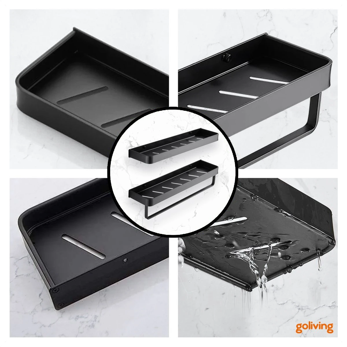 Goliving Doucherek Zonder Boren - Doucherekje- Badkamerrek 2 Laags - Hangend - Wandrek - RVS - Opbergrek - 40cm - Zwart 5 Goliving Doucherek Zonder Boren - Doucherekje- Badkamerrek 2 Laags - Hangend - Wandrek - RVS - Opbergrek - 40cm - Zwart - Afbeelding 5