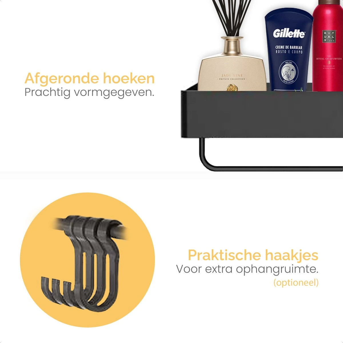 Goliving Doucherek Zonder Boren - Doucherekje- Badkamerrek 2 Laags - Hangend - Wandrek - RVS - Opbergrek - 40cm - Zwart 6 Goliving Doucherek Zonder Boren - Doucherekje- Badkamerrek 2 Laags - Hangend - Wandrek - RVS - Opbergrek - 40cm - Zwart - Afbeelding 6