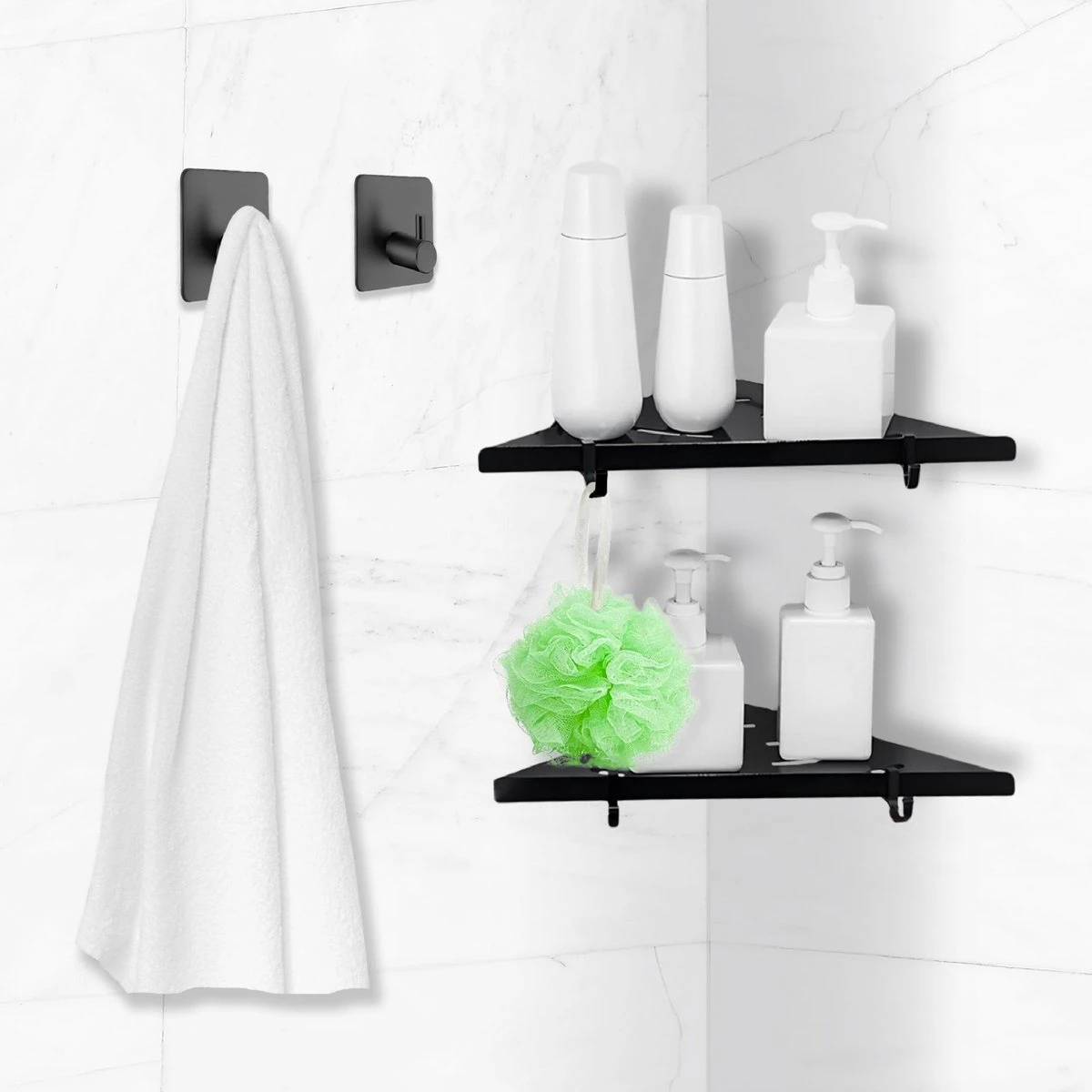 Dubbele Doucherek Zwart Zonder Boren – Sterke Lijmbasis - Badkamer Rek – Hoek – Doucherekjes – Incl. Schroeven – Incl. 2 Haken 1 Dubbele Doucherek Zwart Zonder Boren – Sterke Lijmbasis - Badkamer Rek – Hoek – Doucherekjes – Incl. Schroeven – Incl. 2 Haken