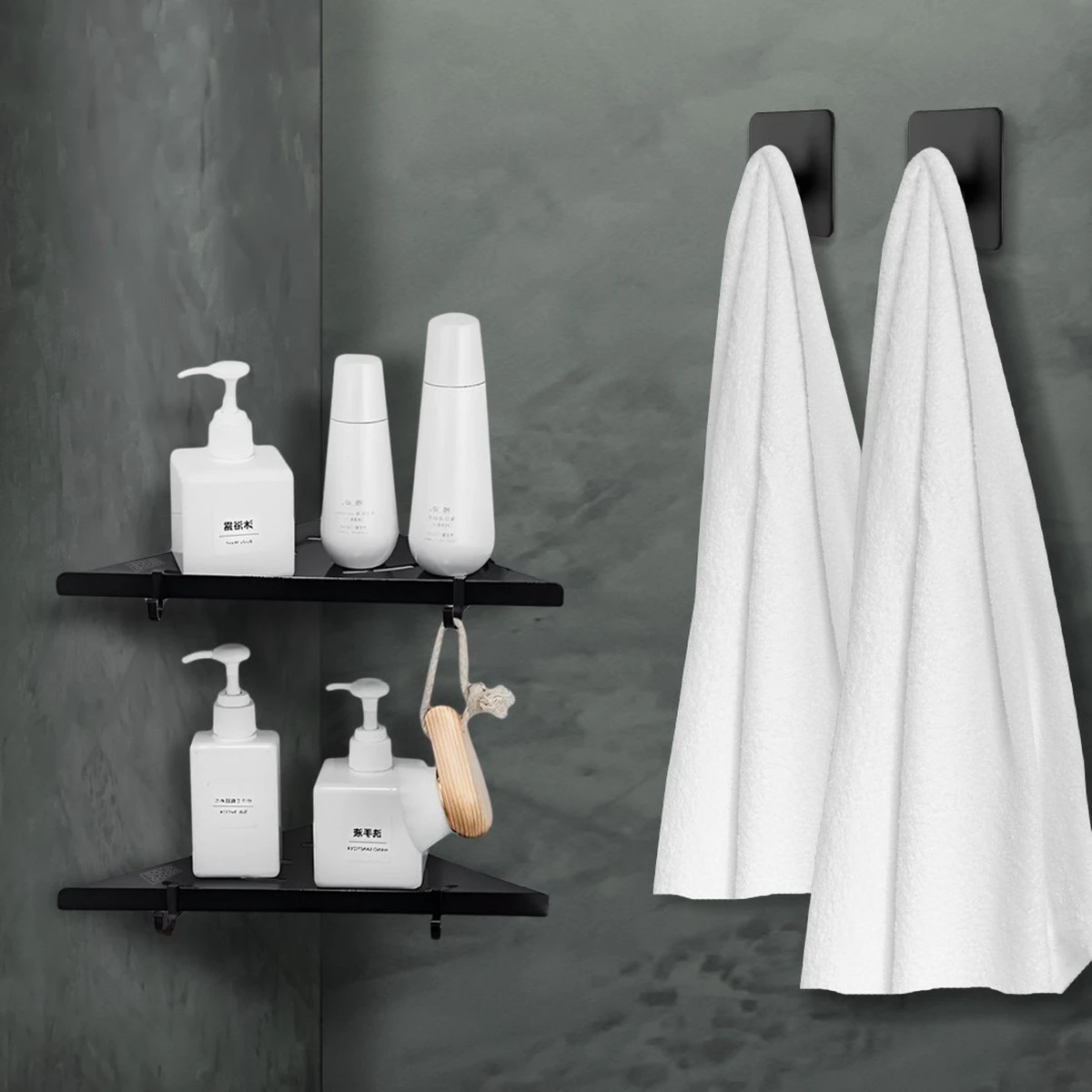 Dubbele Doucherek Zwart Zonder Boren – Sterke Lijmbasis - Badkamer Rek – Hoek – Doucherekjes – Incl. Schroeven – Incl. 2 Haken 5 Dubbele Doucherek Zwart Zonder Boren – Sterke Lijmbasis - Badkamer Rek – Hoek – Doucherekjes – Incl. Schroeven – Incl. 2 Haken - Afbeelding 5