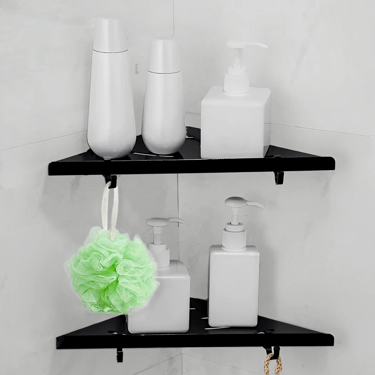 Dubbele Doucherek Zwart Zonder Boren – Sterke Lijmbasis - Badkamer Rek – Hoek – Doucherekjes – Incl. Schroeven – Incl. 2 Haken 8 Dubbele Doucherek Zwart Zonder Boren – Sterke Lijmbasis - Badkamer Rek – Hoek – Doucherekjes – Incl. Schroeven – Incl. 2 Haken - Afbeelding 8