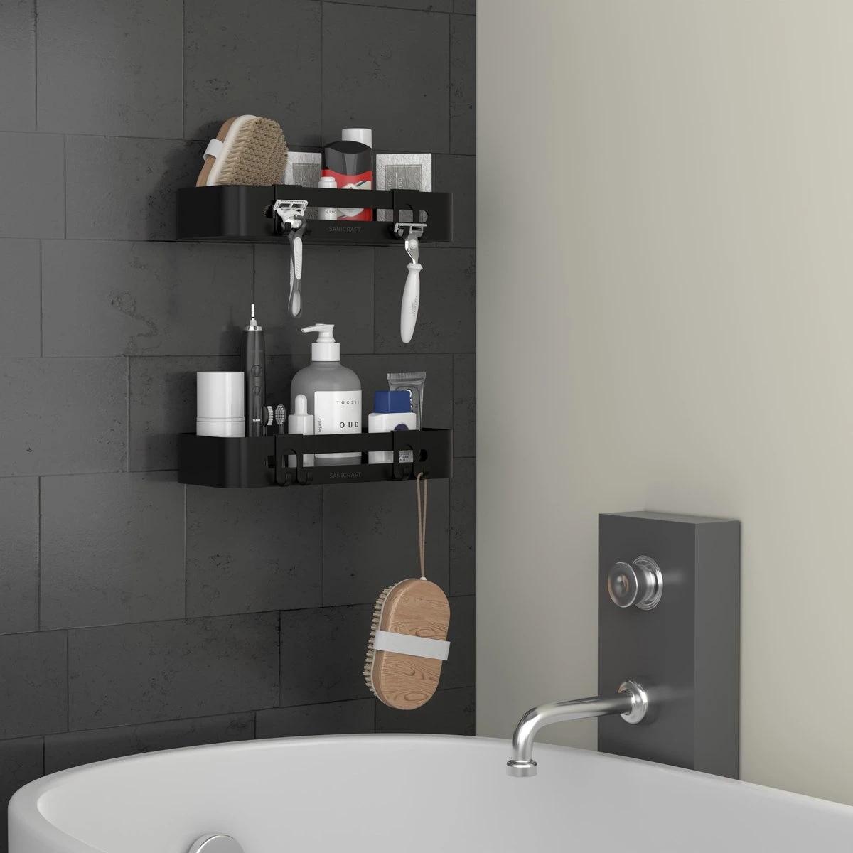 Doucherekje Van Sanicraft® - Doucherekje Zonder Boren - Geschikt Voor Elk Type Muur - Hangend - Roestvrij - 2 Stuks - Zwart 2 Doucherekje Van Sanicraft® - Doucherekje Zonder Boren - Geschikt Voor Elk Type Muur - Hangend - Roestvrij - 2 Stuks - Zwart - Afbeelding 2