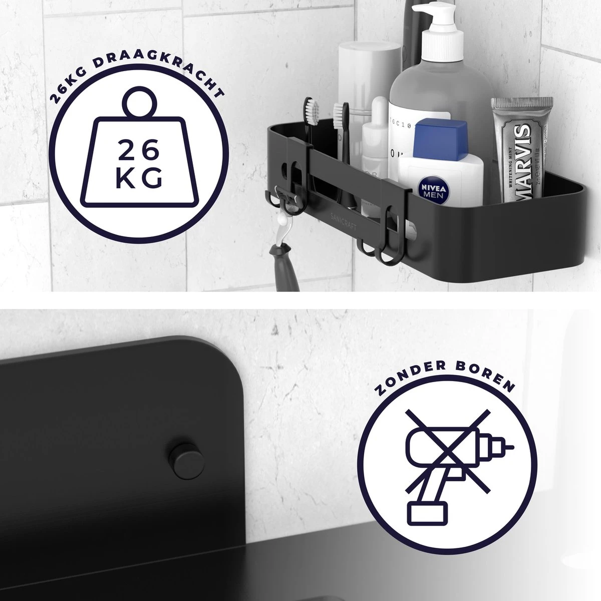 Doucherekje Van Sanicraft® - Doucherekje Zonder Boren - Geschikt Voor Elk Type Muur - Hangend - Roestvrij - 2 Stuks - Zwart 6 Doucherekje Van Sanicraft® - Doucherekje Zonder Boren - Geschikt Voor Elk Type Muur - Hangend - Roestvrij - 2 Stuks - Zwart - Afbeelding 6