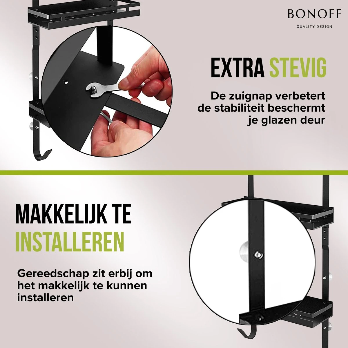 Bonoff Doucherek Zwart – 2 Laags - Doucherek Zonder Boren - Zwart – Doucherek Hangend - Badkamerrek –RVS – Badkamer Accessoires – Stijlvol 4 Bonoff Doucherek Zwart – 2 Laags - Doucherek Zonder Boren - Zwart – Doucherek Hangend - Badkamerrek –RVS – Badkamer Accessoires – Stijlvol - Afbeelding 4