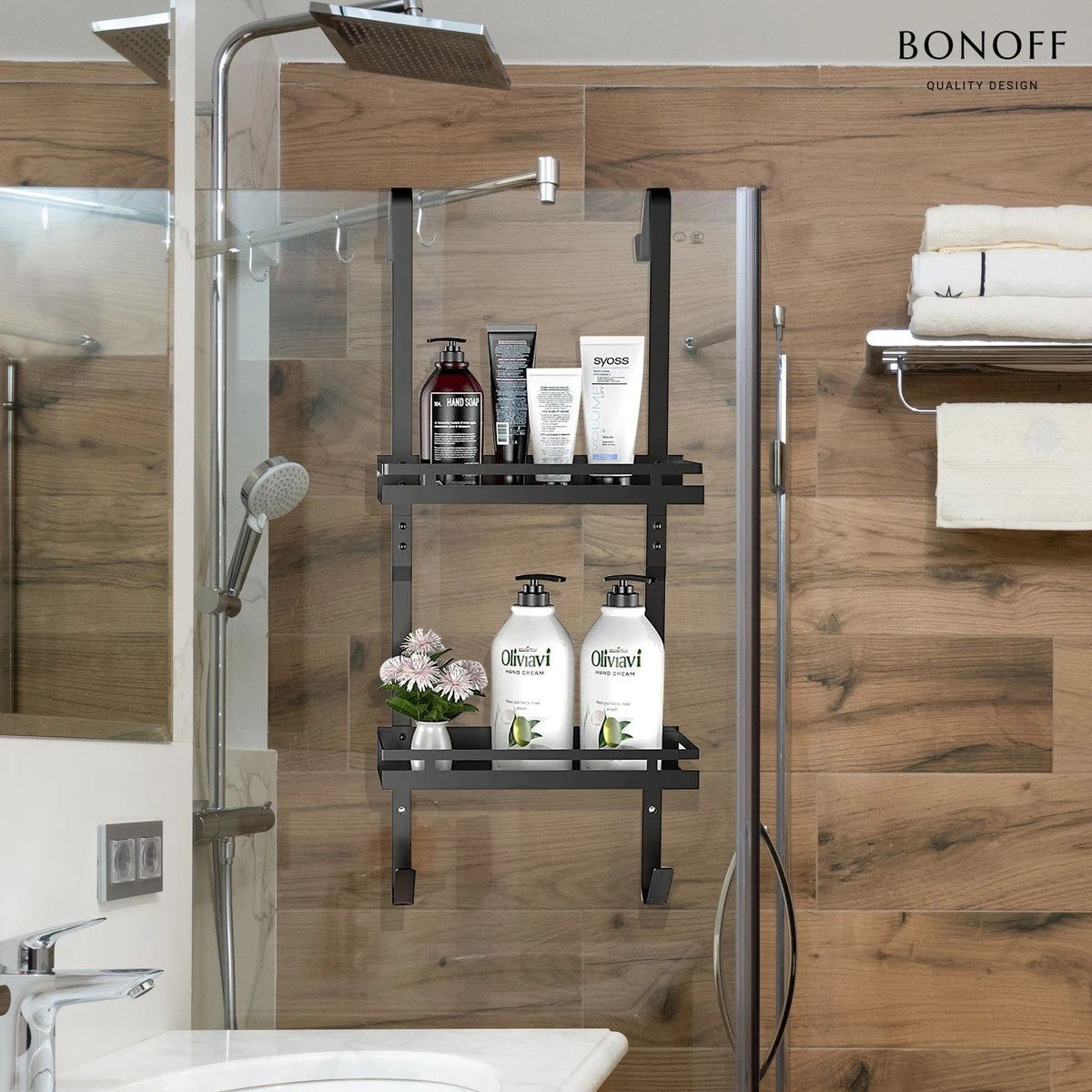 Bonoff Doucherek Zwart – 2 Laags - Doucherek Zonder Boren - Zwart – Doucherek Hangend - Badkamerrek –RVS – Badkamer Accessoires – Stijlvol 6 Bonoff Doucherek Zwart – 2 Laags - Doucherek Zonder Boren - Zwart – Doucherek Hangend - Badkamerrek –RVS – Badkamer Accessoires – Stijlvol - Afbeelding 6