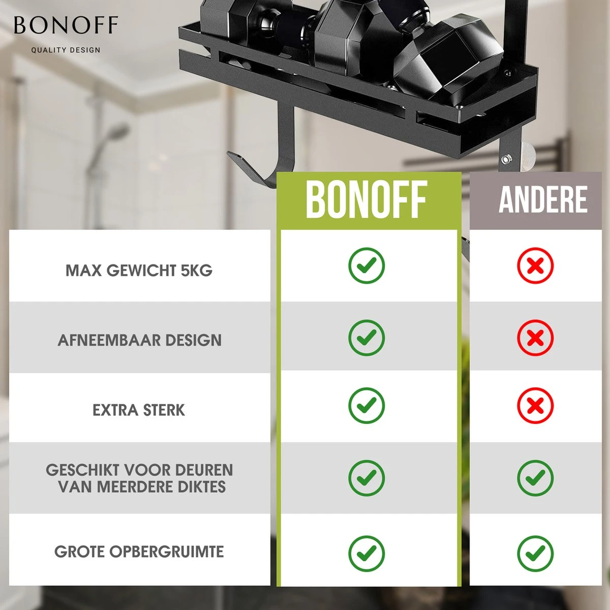 Bonoff Doucherek Zwart – 2 Laags - Doucherek Zonder Boren - Zwart – Doucherek Hangend - Badkamerrek –RVS – Badkamer Accessoires – Stijlvol 11 Bonoff Doucherek Zwart – 2 Laags - Doucherek Zonder Boren - Zwart – Doucherek Hangend - Badkamerrek –RVS – Badkamer Accessoires – Stijlvol - Afbeelding 11