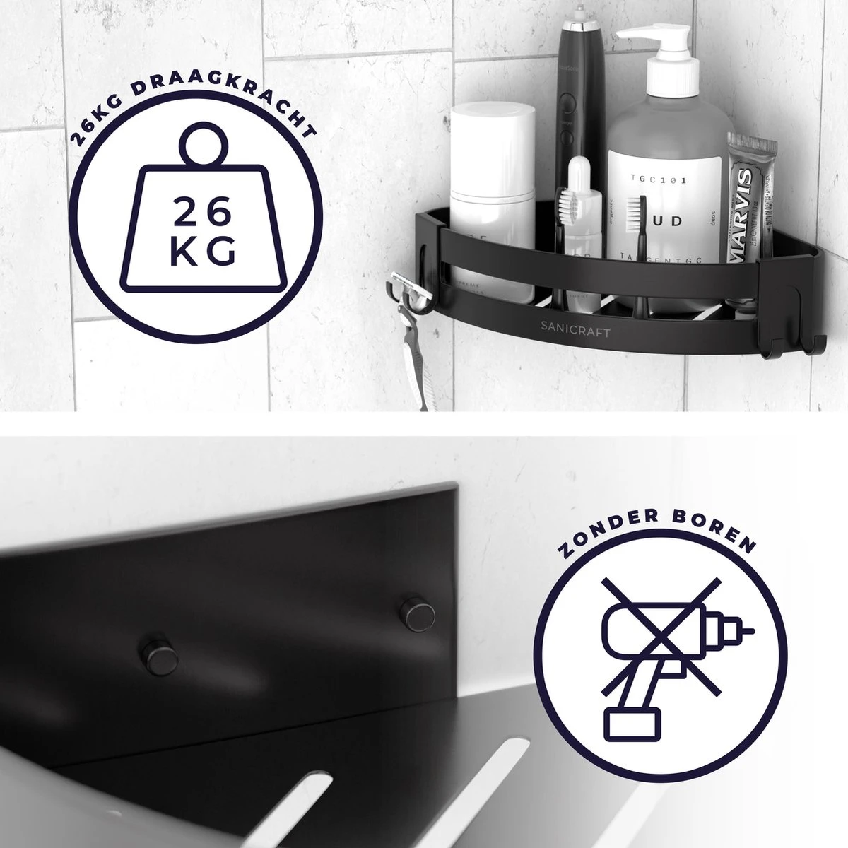 Sanicraft® Doucherekje - Doucherekje Zonder Boren - Geschikt Voor Elk Type Muur - Doucherekje Hangend - Doucheplank - Doucherekje Hoek - Doucherekje Zwart 6 Sanicraft® Doucherekje - Doucherekje Zonder Boren - Geschikt Voor Elk Type Muur - Doucherekje Hangend - Doucheplank - Doucherekje Hoek - Doucherekje Zwart - Afbeelding 6