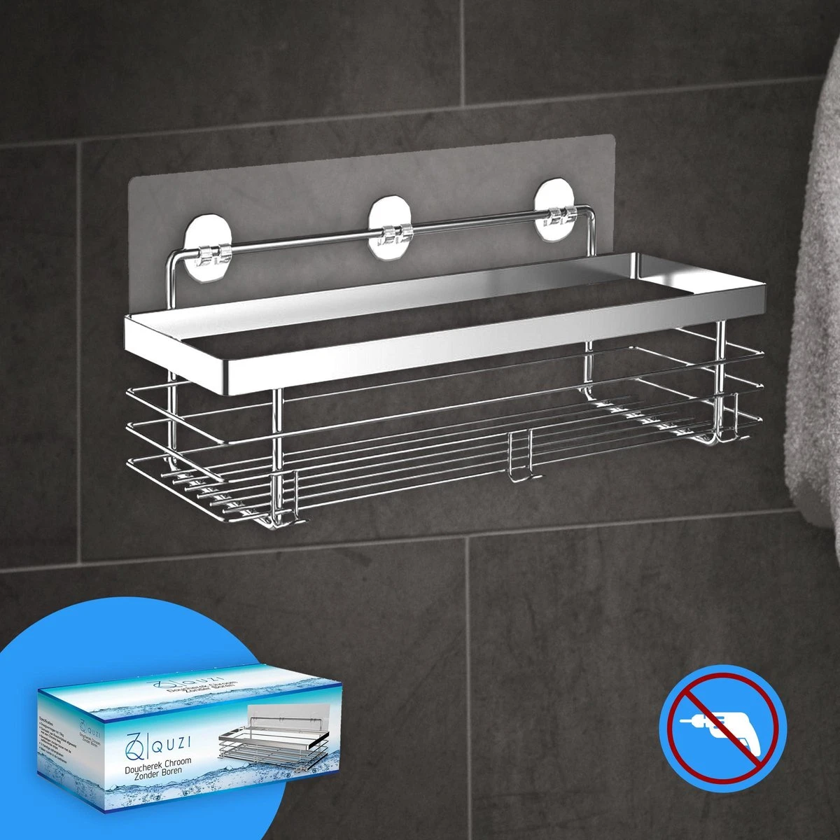 RVS Doucherek Zelfklevend Zonder Boren - Douchemand Hangend - 15KG Draagvermogen - Zilver/Chroom 1 RVS Doucherek Zelfklevend Zonder Boren - Douchemand Hangend - 15KG Draagvermogen - Zilver/Chroom