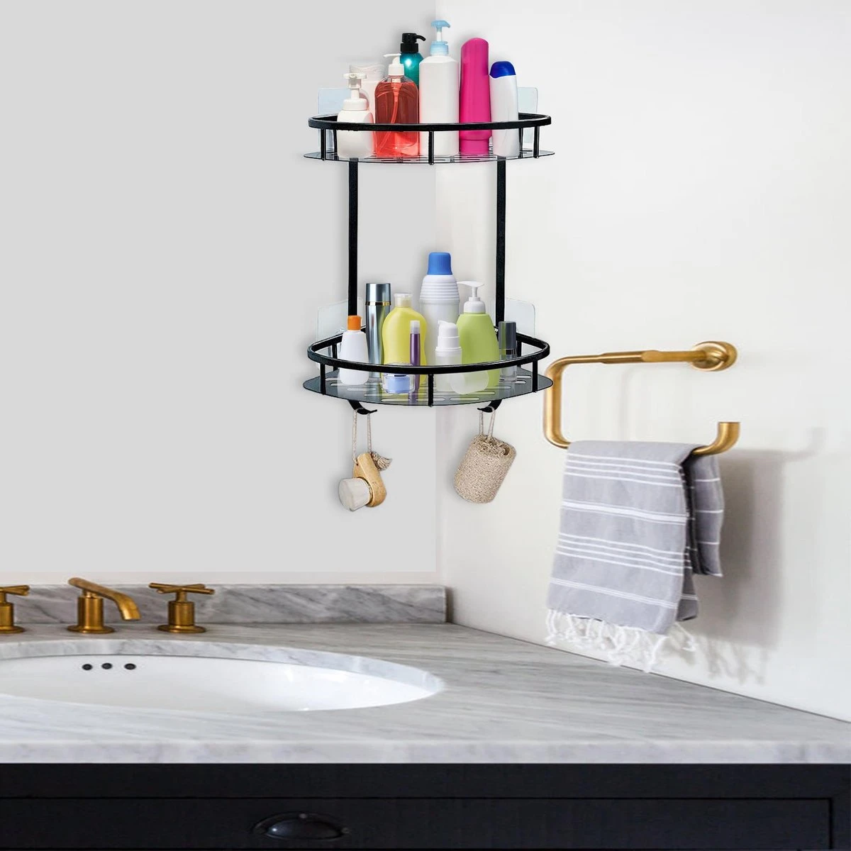 Zelfklevend Doucherek 2 Laags +Douche Bal - RVS - Mat Zwart 6 Zelfklevend Doucherek 2 Laags +Douche Bal - RVS - Mat Zwart - Afbeelding 6