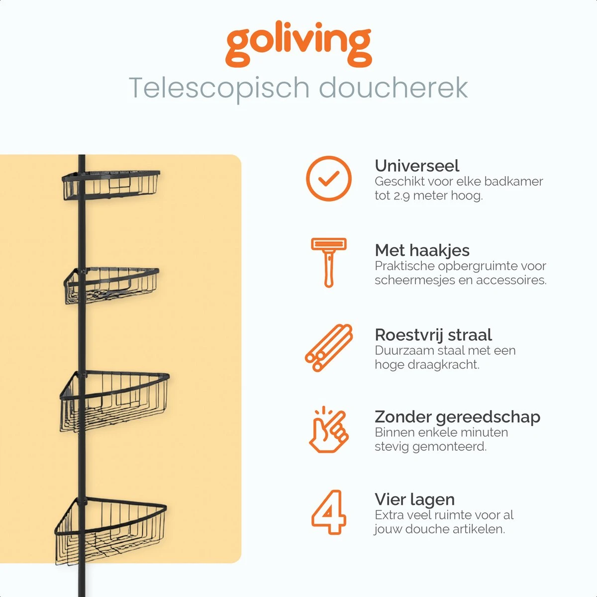 Goliving Doucherek - Doucherek Zonder Boren - Telescopisch Doucherek - Voor Plafonds Tot 2.9m Hoog - Zwart 2 Goliving Doucherek - Doucherek Zonder Boren - Telescopisch Doucherek - Voor Plafonds Tot 2.9m Hoog - Zwart - Afbeelding 2