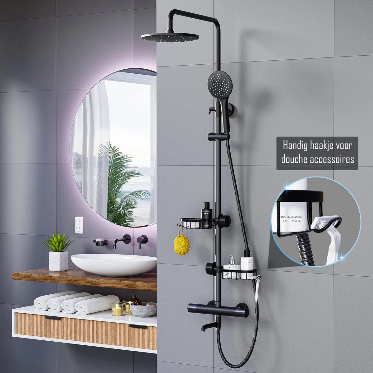 Nolad® - Doucherek Hangend - Doucherek Zonder Boren - Keukenrek - Gootsteen Organizer - Badkamer Accessoires - Zwart 2 Nolad® - Doucherek Hangend - Doucherek Zonder Boren - Keukenrek - Gootsteen Organizer - Badkamer Accessoires - Zwart - Afbeelding 2