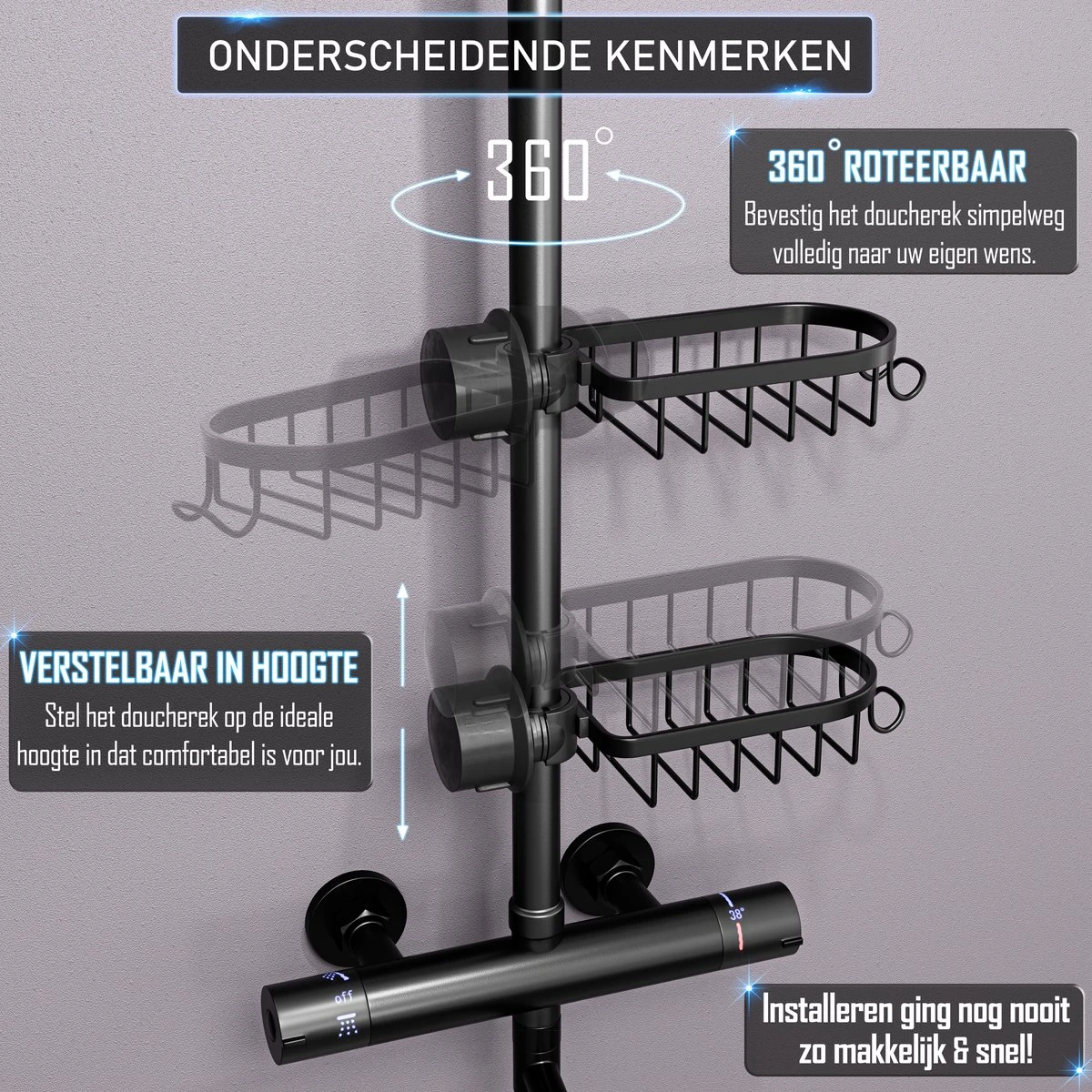 Nolad® - Doucherek Hangend - Doucherek Zonder Boren - Keukenrek - Gootsteen Organizer - Badkamer Accessoires - Zwart 4 Nolad® - Doucherek Hangend - Doucherek Zonder Boren - Keukenrek - Gootsteen Organizer - Badkamer Accessoires - Zwart - Afbeelding 4