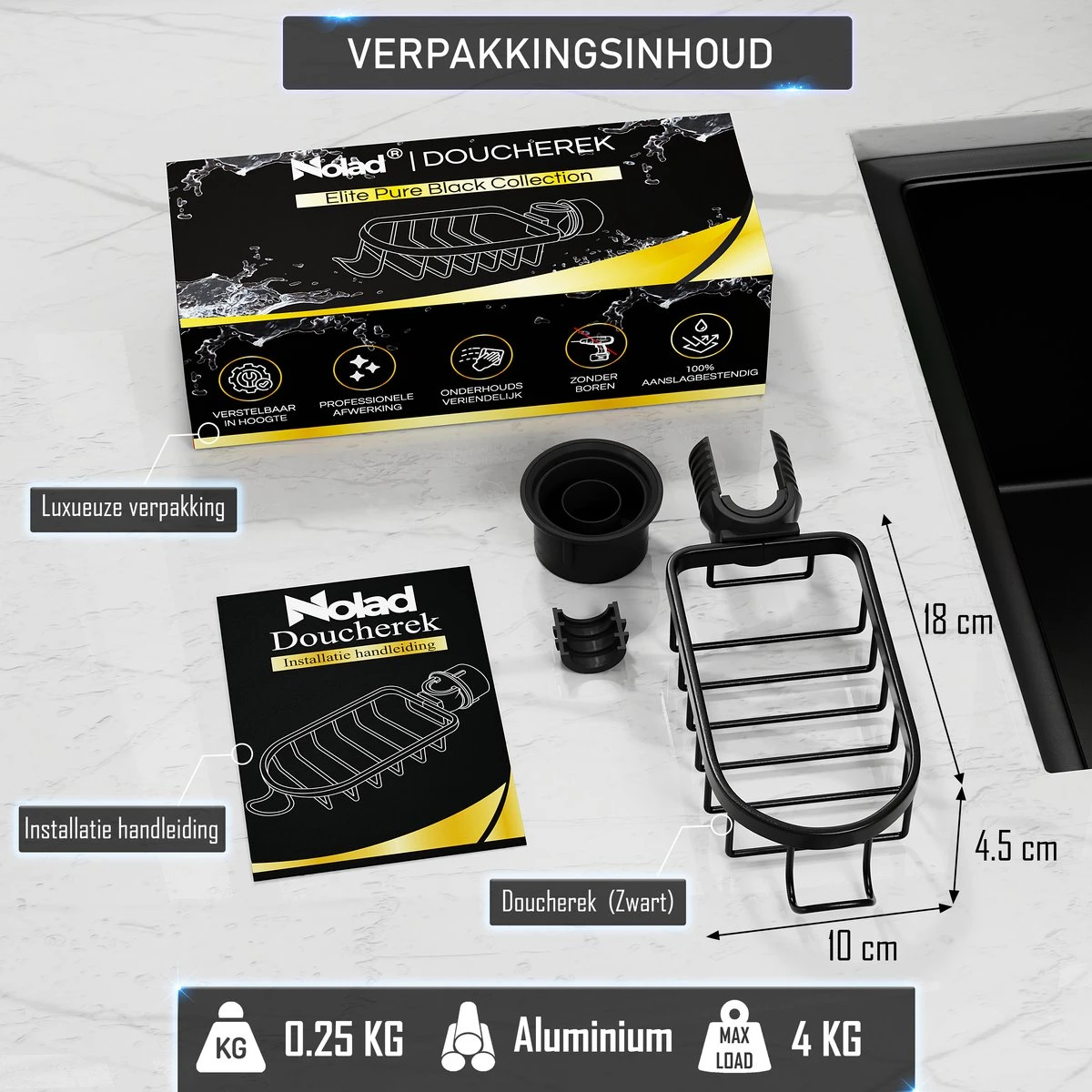 Nolad® - Doucherek Hangend - Doucherek Zonder Boren - Keukenrek - Gootsteen Organizer - Badkamer Accessoires - Zwart 5 Nolad® - Doucherek Hangend - Doucherek Zonder Boren - Keukenrek - Gootsteen Organizer - Badkamer Accessoires - Zwart - Afbeelding 5