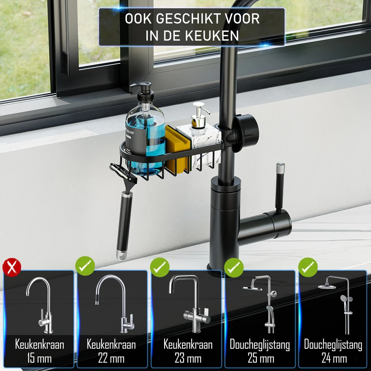 Nolad® - Doucherek Hangend - Doucherek Zonder Boren - Keukenrek - Gootsteen Organizer - Badkamer Accessoires - Zwart 6 Nolad® - Doucherek Hangend - Doucherek Zonder Boren - Keukenrek - Gootsteen Organizer - Badkamer Accessoires - Zwart - Afbeelding 6