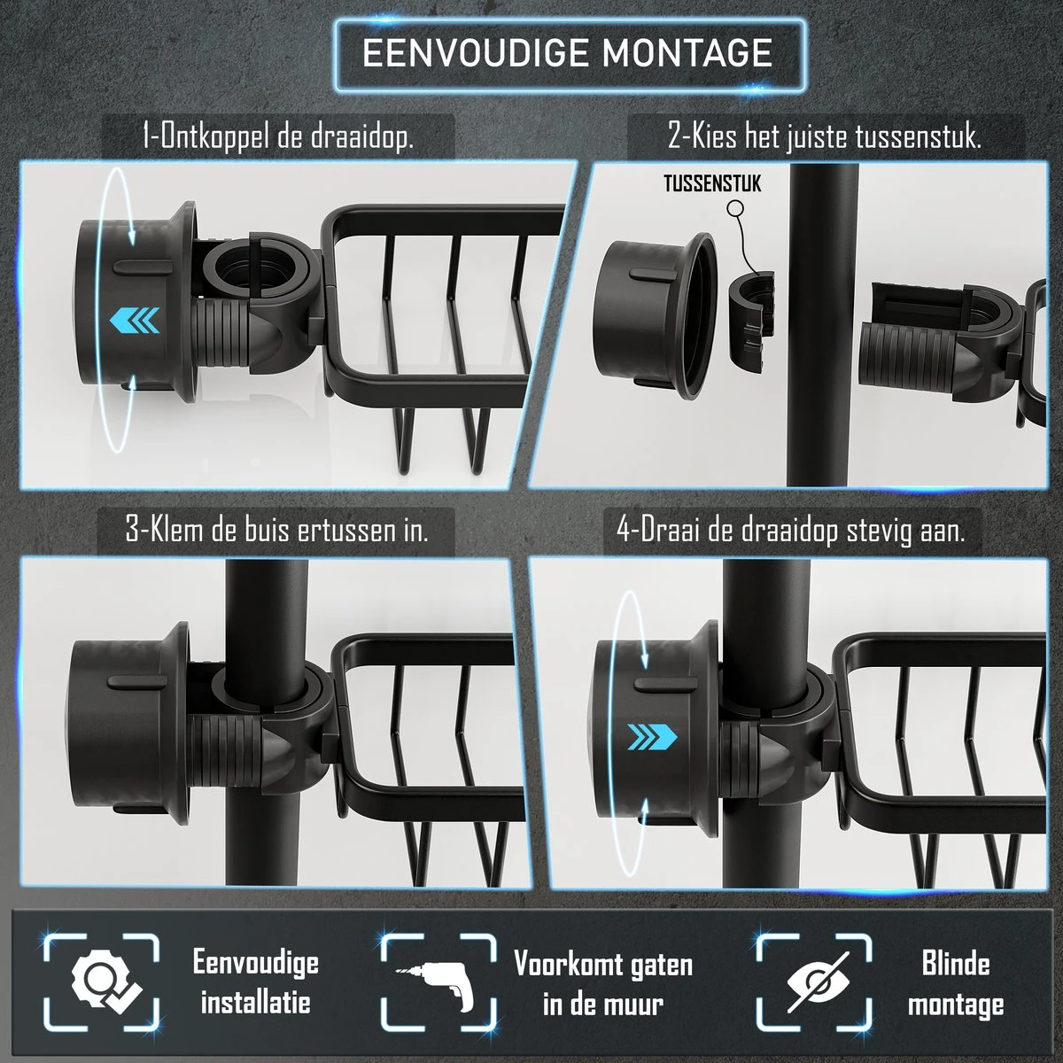 Nolad® - Doucherek Hangend - Doucherek Zonder Boren - Keukenrek - Gootsteen Organizer - Badkamer Accessoires - Zwart 7 Nolad® - Doucherek Hangend - Doucherek Zonder Boren - Keukenrek - Gootsteen Organizer - Badkamer Accessoires - Zwart - Afbeelding 7