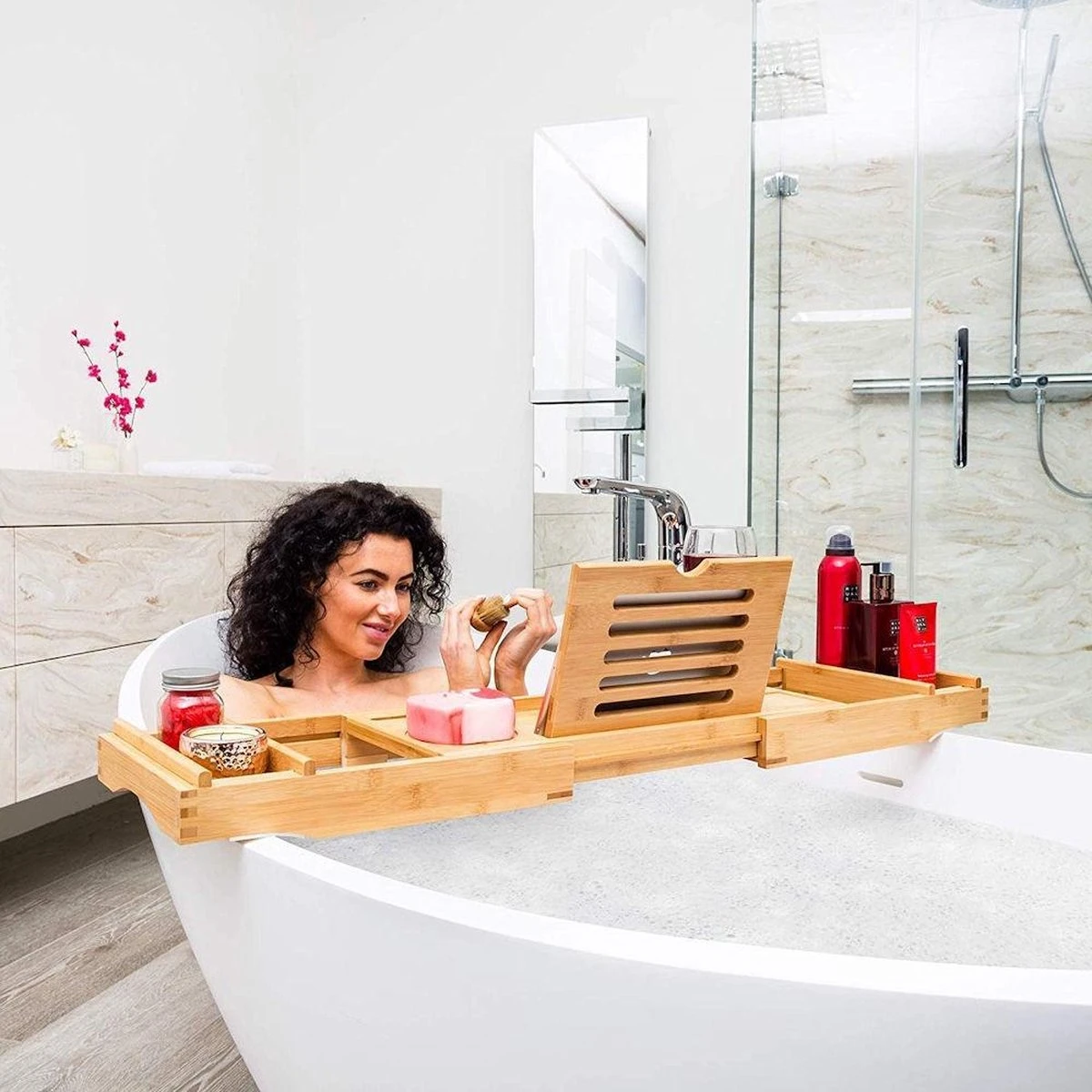 Merkloos Decopatent® Luxe Badplank - Badrekje - Uitschuifbaar 75 Tot 110 Cm - Boekenhouder - Tablethouder - Bamboe Hout Badplankje - Badrek 2 Merkloos Decopatent® Luxe Badplank - Badrekje - Uitschuifbaar 75 Tot 110 Cm - Boekenhouder - Tablethouder - Bamboe Hout Badplankje - Badrek - Afbeelding 2