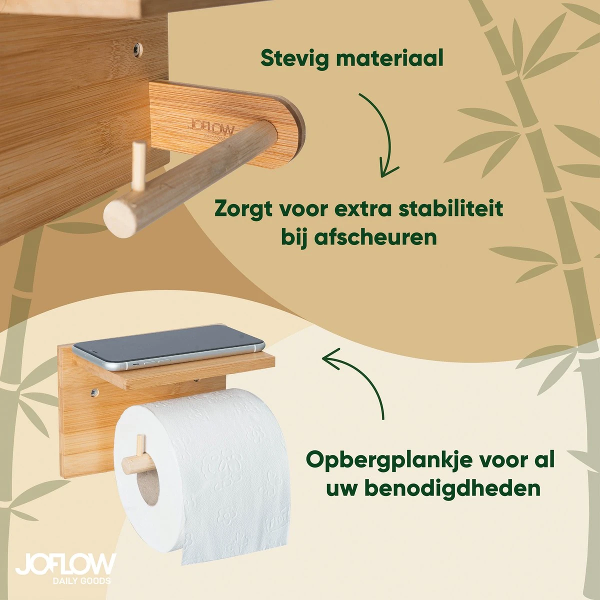 JoFlow® Toiletrolhouder Met Plankje | Wc Rolhouder Staand | Bamboe Badkamer Accessoires | Montage Met Schroeven En/of 3M Plakstrips 3 JoFlow® Toiletrolhouder Met Plankje | Wc Rolhouder Staand | Bamboe Badkamer Accessoires | Montage Met Schroeven En/of 3M Plakstrips - Afbeelding 3