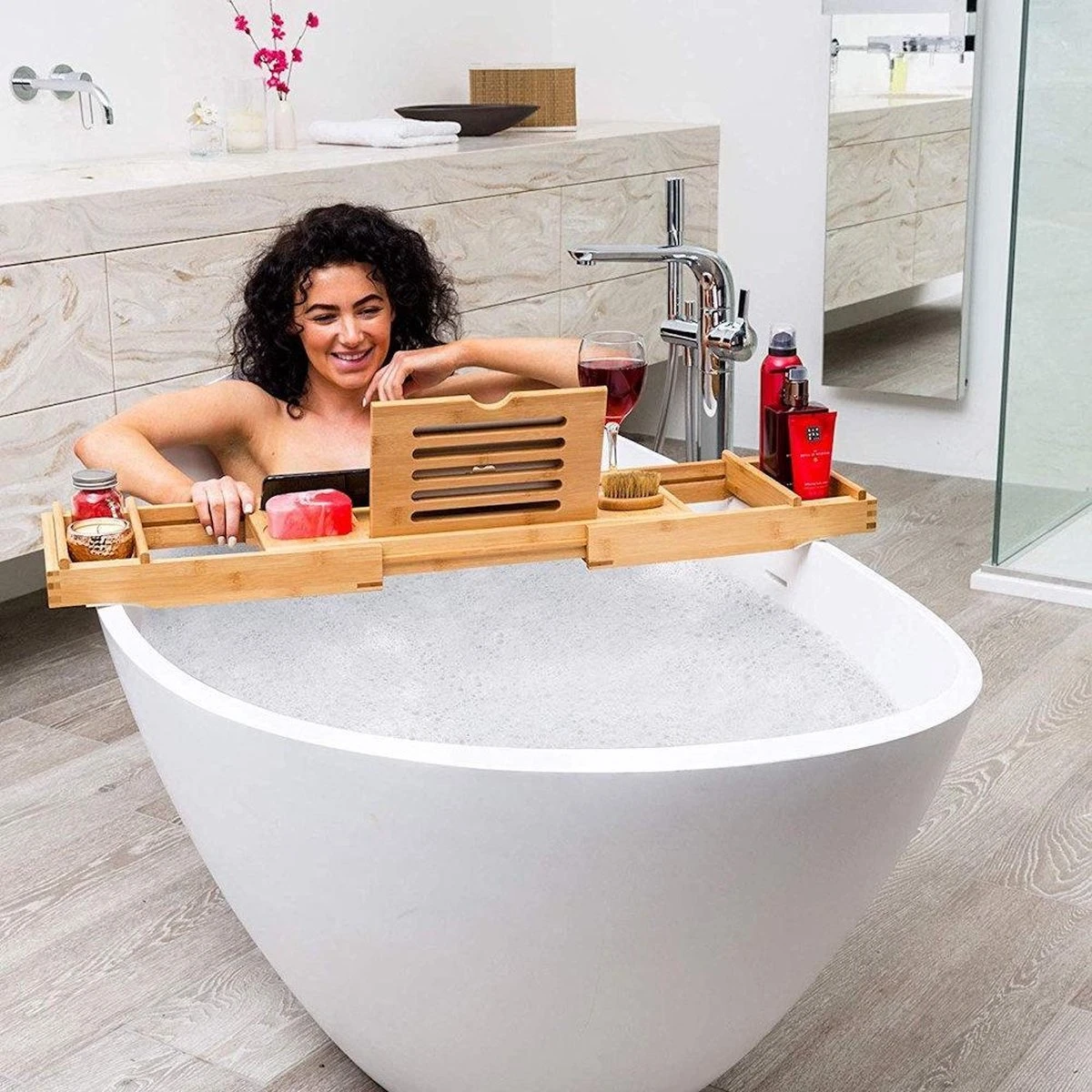 Merkloos Decopatent® Luxe Badplank - Badrekje - Uitschuifbaar 75 Tot 110 Cm - Boekenhouder - Tablethouder - Bamboe Hout Badplankje - Badrek 3 Merkloos Decopatent® Luxe Badplank - Badrekje - Uitschuifbaar 75 Tot 110 Cm - Boekenhouder - Tablethouder - Bamboe Hout Badplankje - Badrek - Afbeelding 3