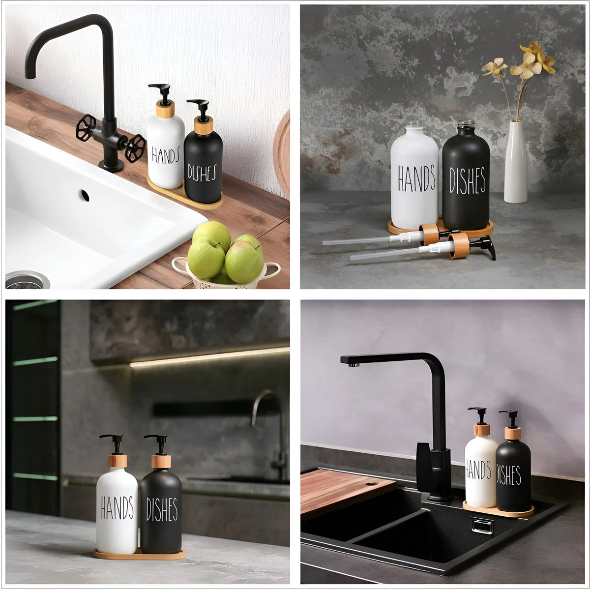 MAESON Glazen Zeepdispener Set Voor Handzeep En Afwasmiddel – Zeeppompje Keuken – Keukenaccesoires - Zwart/Wit 4 MAESON Glazen Zeepdispener Set Voor Handzeep En Afwasmiddel – Zeeppompje Keuken – Keukenaccesoires - Zwart/Wit - Afbeelding 4