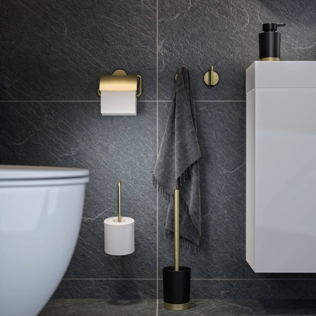 Tiger Tune Toiletaccessoires 3st. Incl. WC/Toilet Borstel, Rolhouder & Handdoekhaak - Messing/Zwart 6 Tiger Tune Toiletaccessoires 3st. Incl. WC/Toilet Borstel, Rolhouder & Handdoekhaak - Messing/Zwart - Afbeelding 6