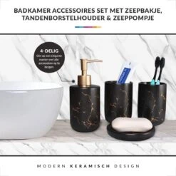Badkamer Accessoires Set – Tandenborstelhouder –Zeeppompje Zeepbakje – Keramiek Met Marmer Design – Zwart -Merkloos Verkoop 1200x1200 1965