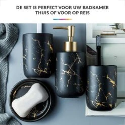Badkamer Accessoires Set – Tandenborstelhouder –Zeeppompje Zeepbakje – Keramiek Met Marmer Design – Zwart -Merkloos Verkoop 1200x1200 1968